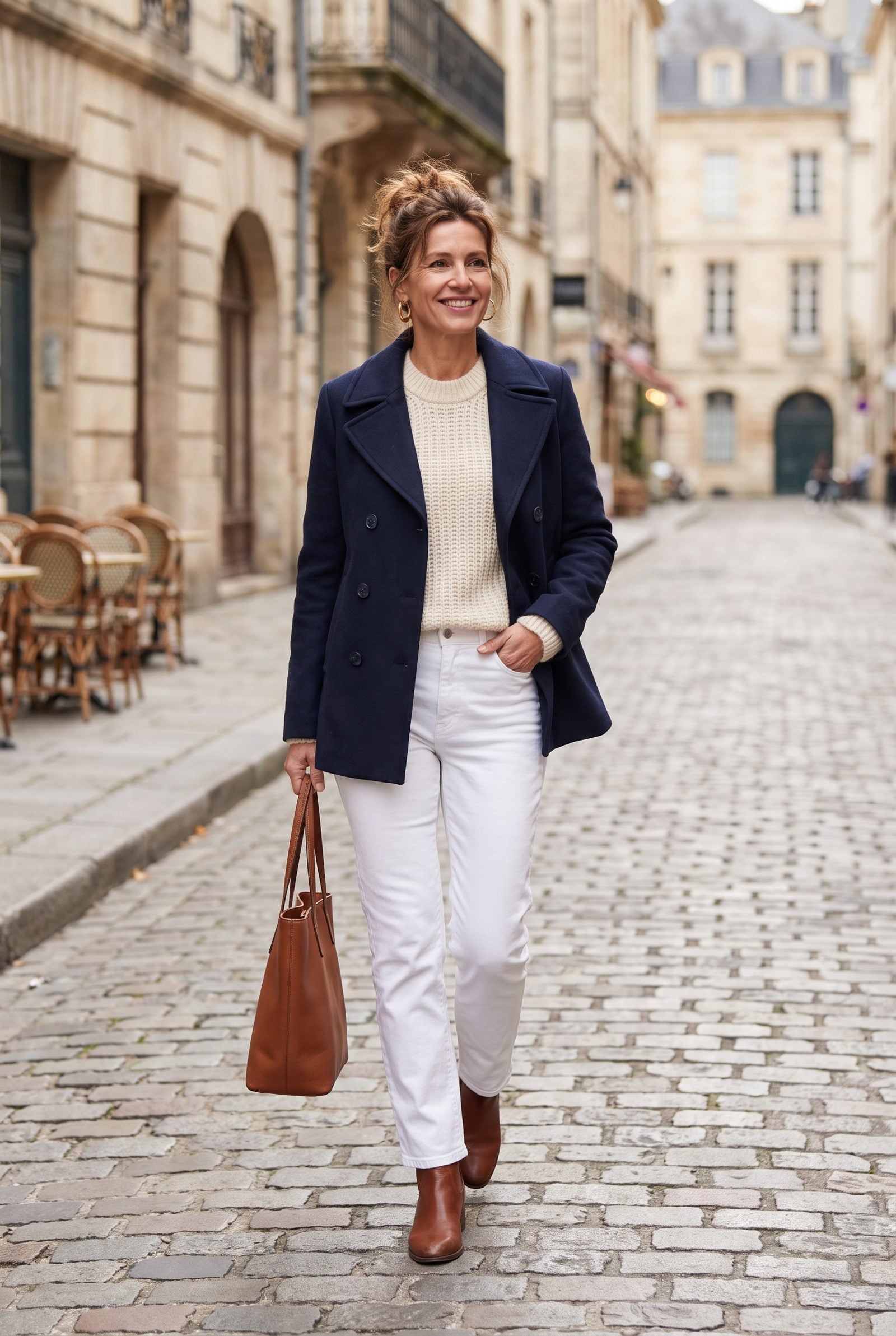 Navy Peacoat With White Straight-Leg Jeans