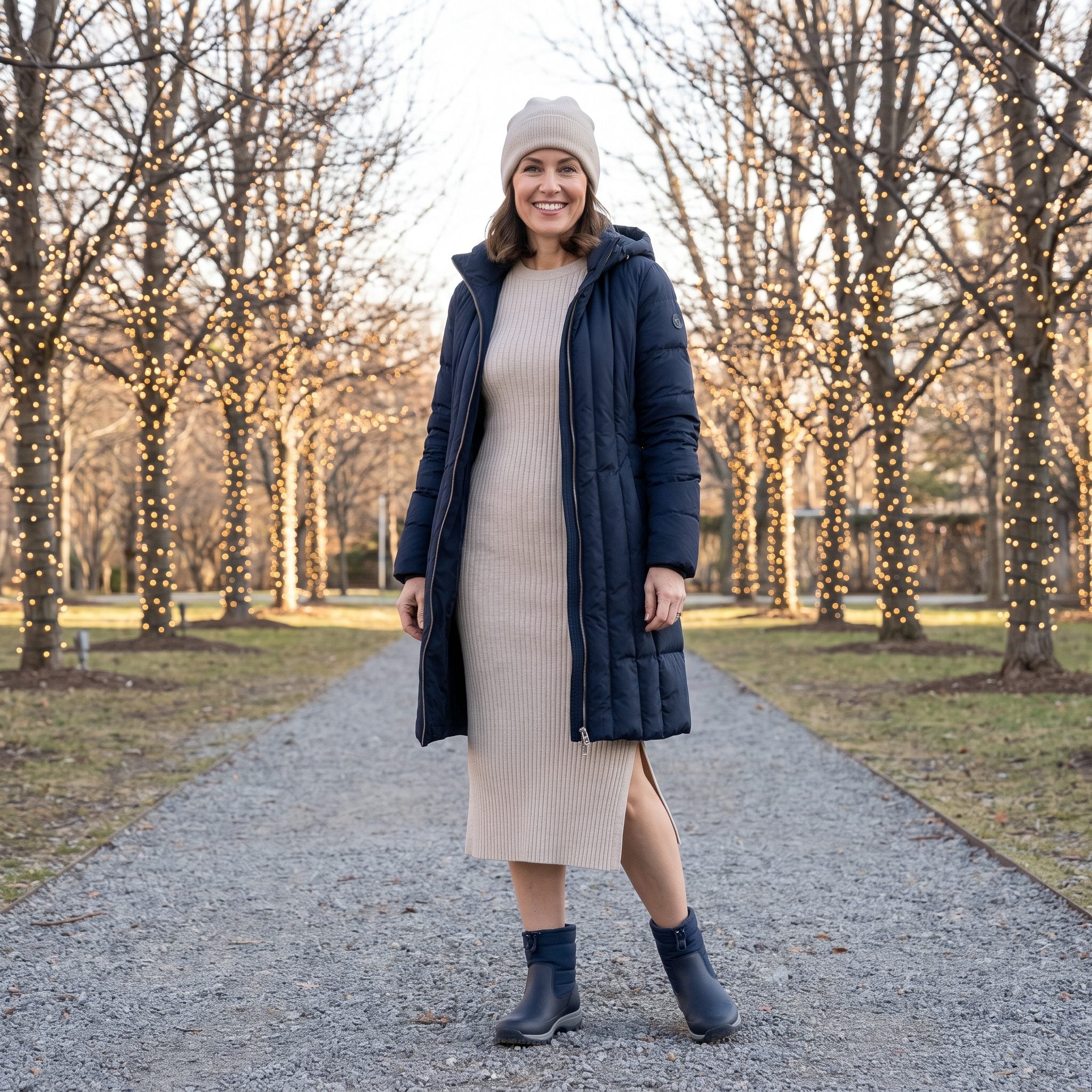 Navy quilted winter coat with two-way zipper over an oatmeal knit dress