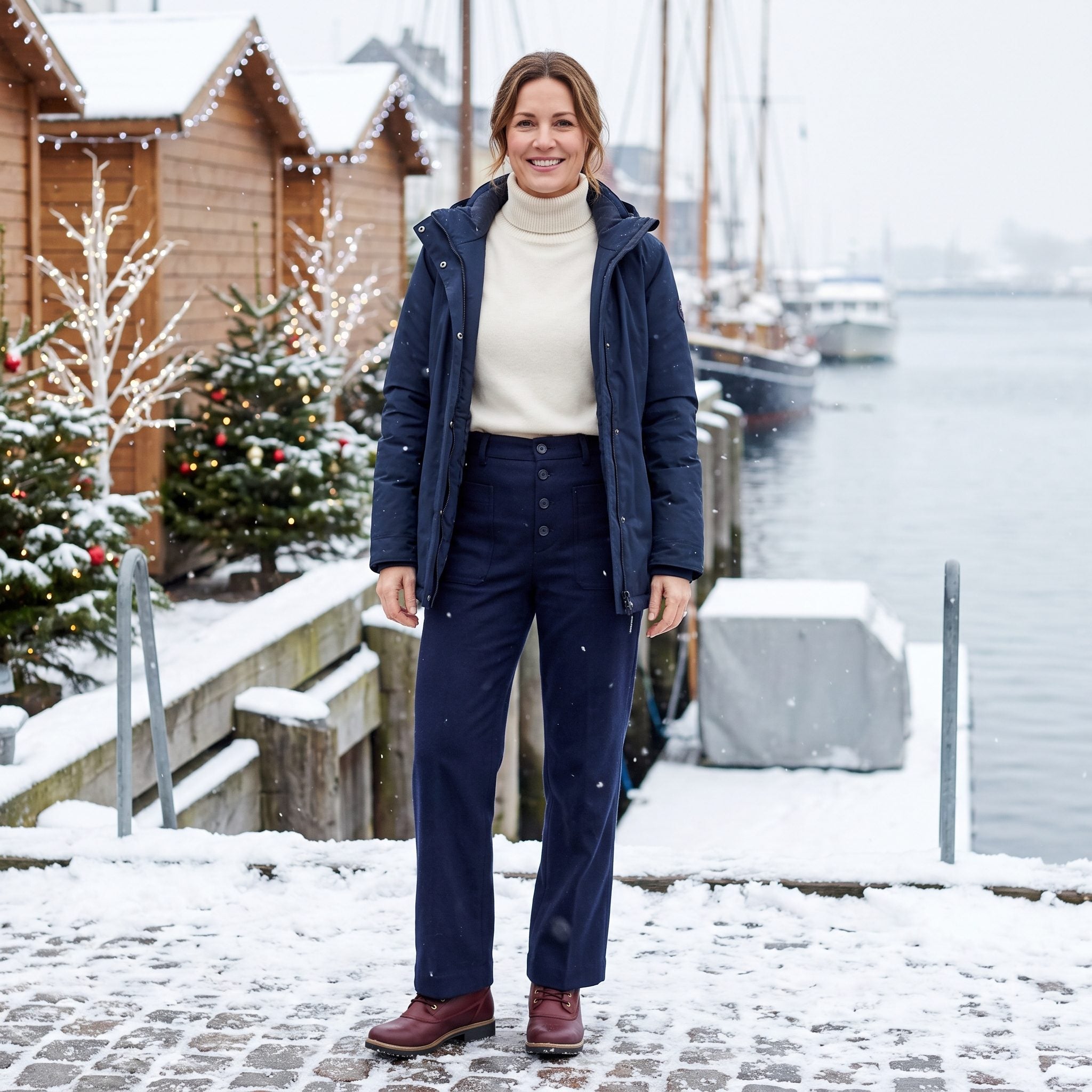 Navy sailor trousers with burgundy snow boots