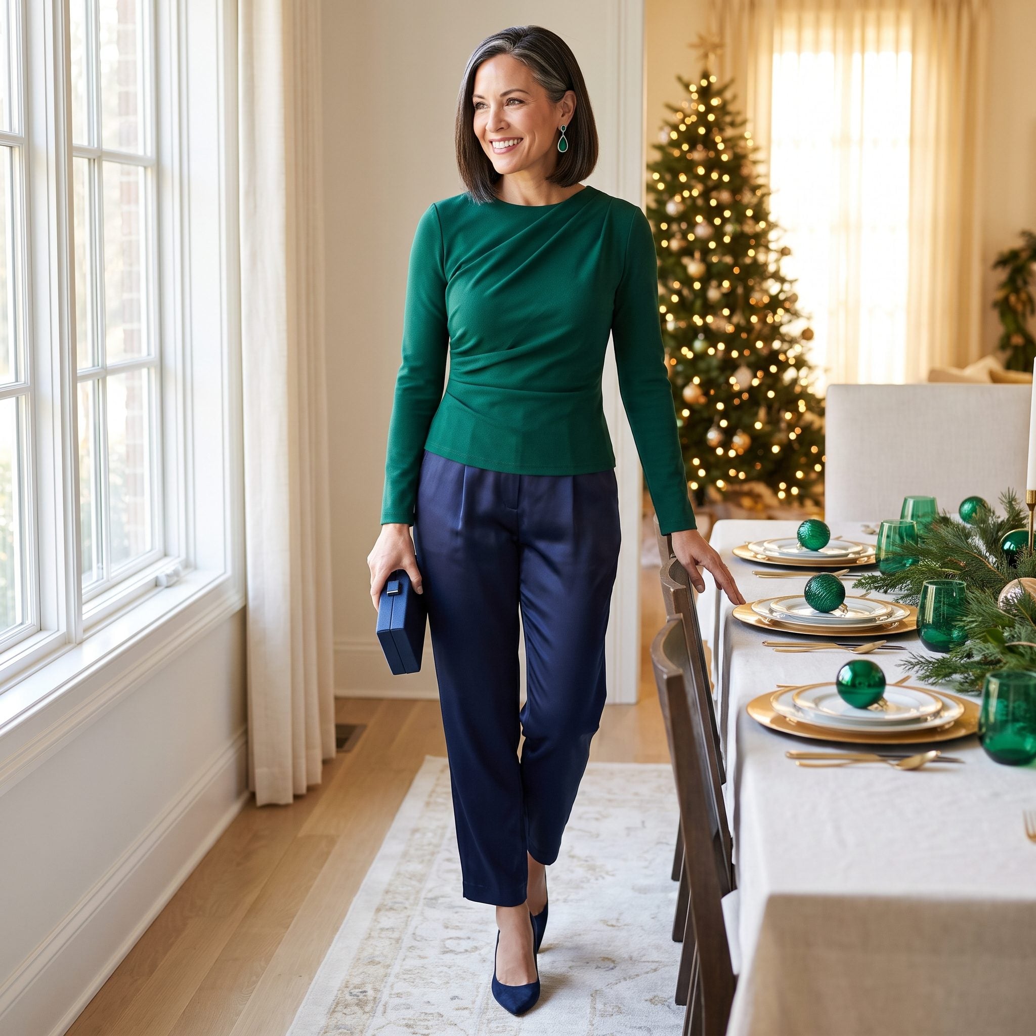 Emerald draped crepe top with navy satin barrel-leg trousers
