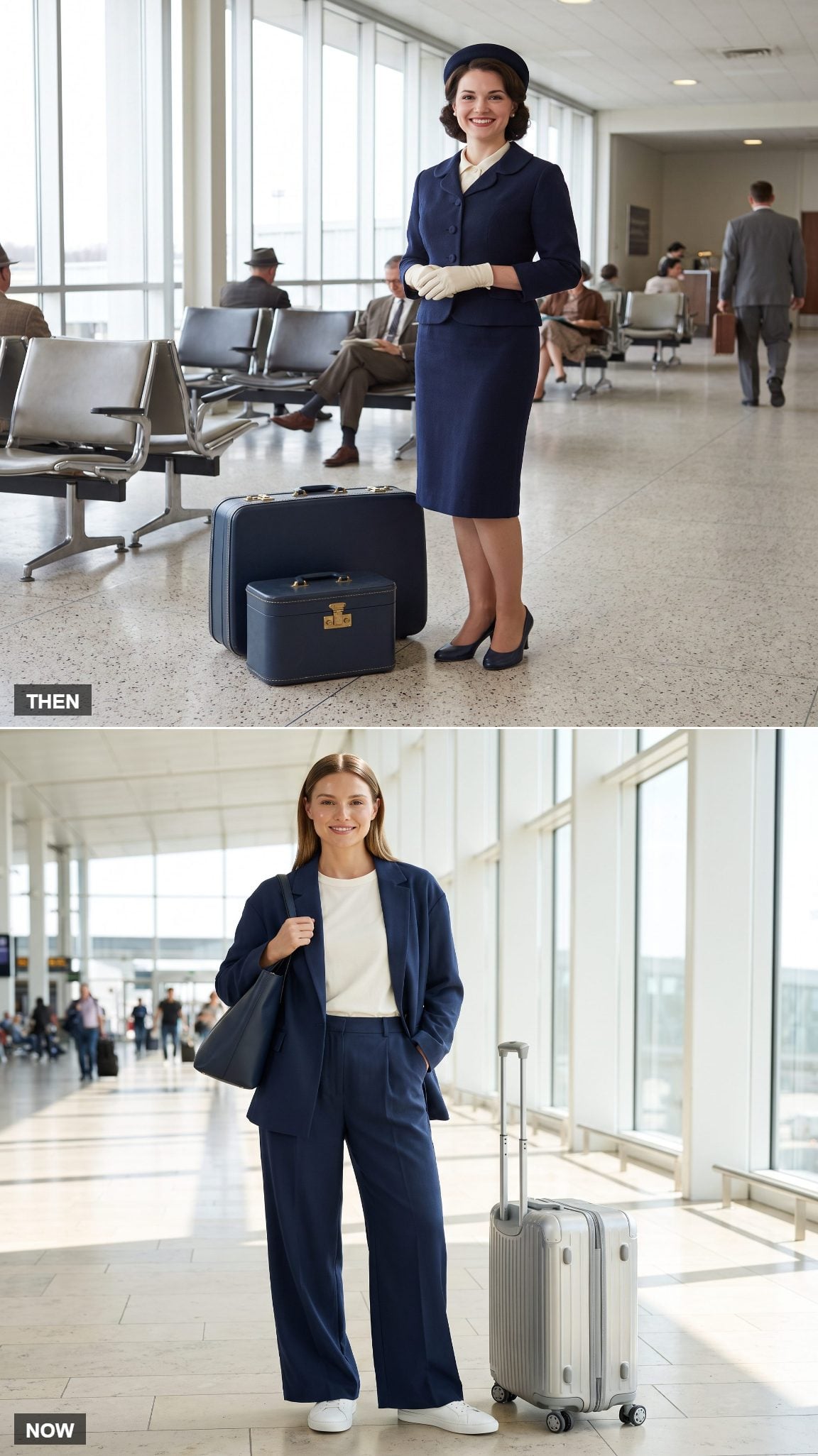 A formal vintage navy skirt suit compared with a relaxed contemporary navy travel outfit