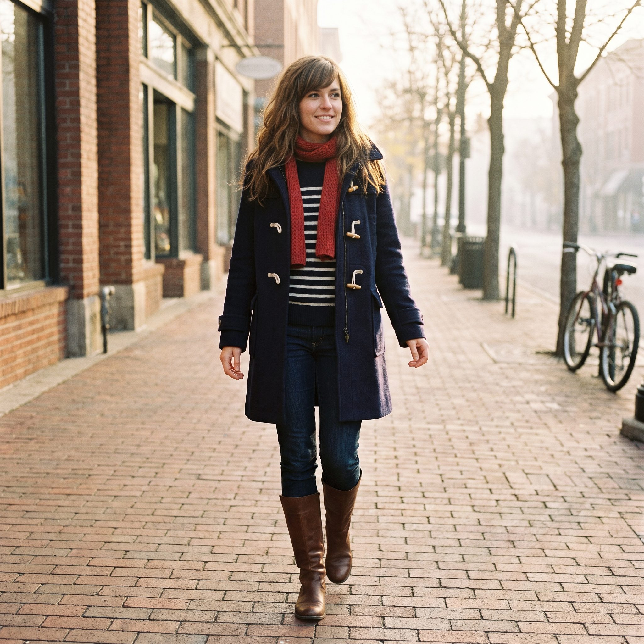 Navy Toggle Coat and Slim Denim, 2006