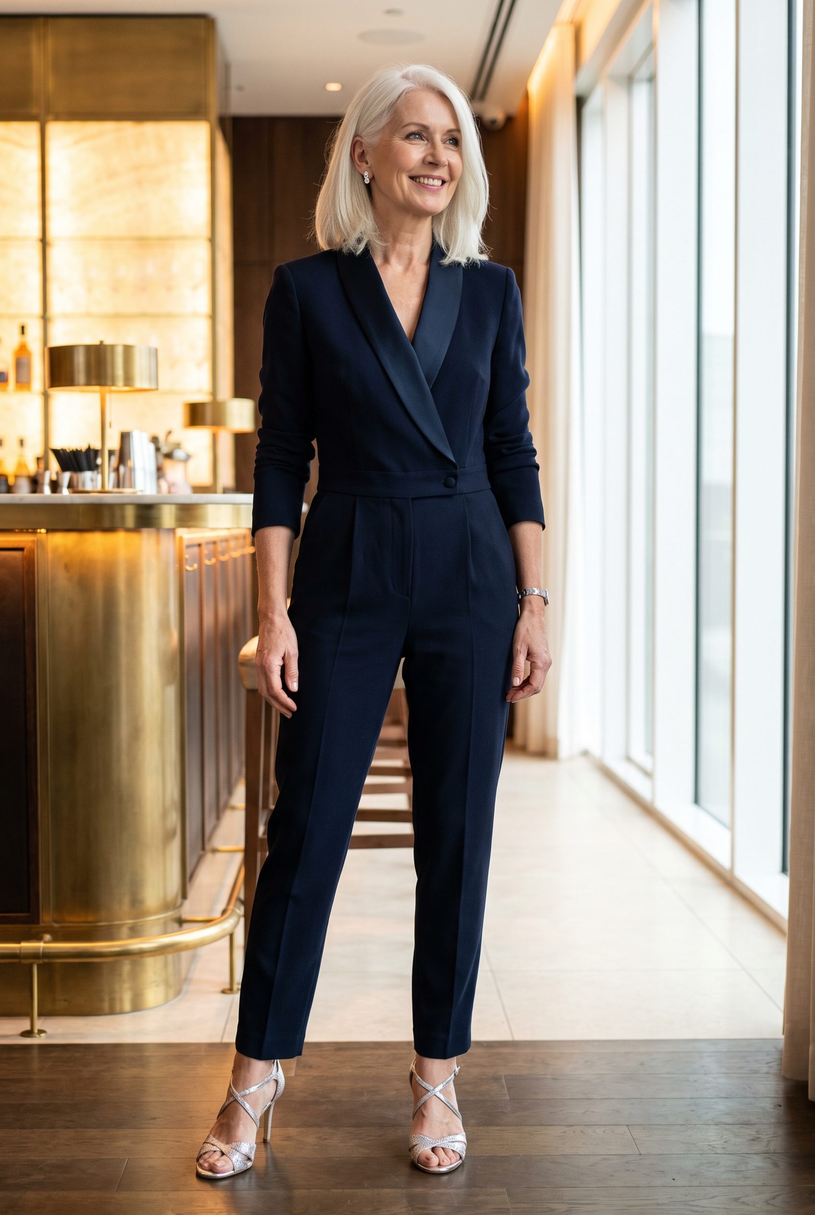 Navy Tuxedo Jumpsuit With Metallic Sandals