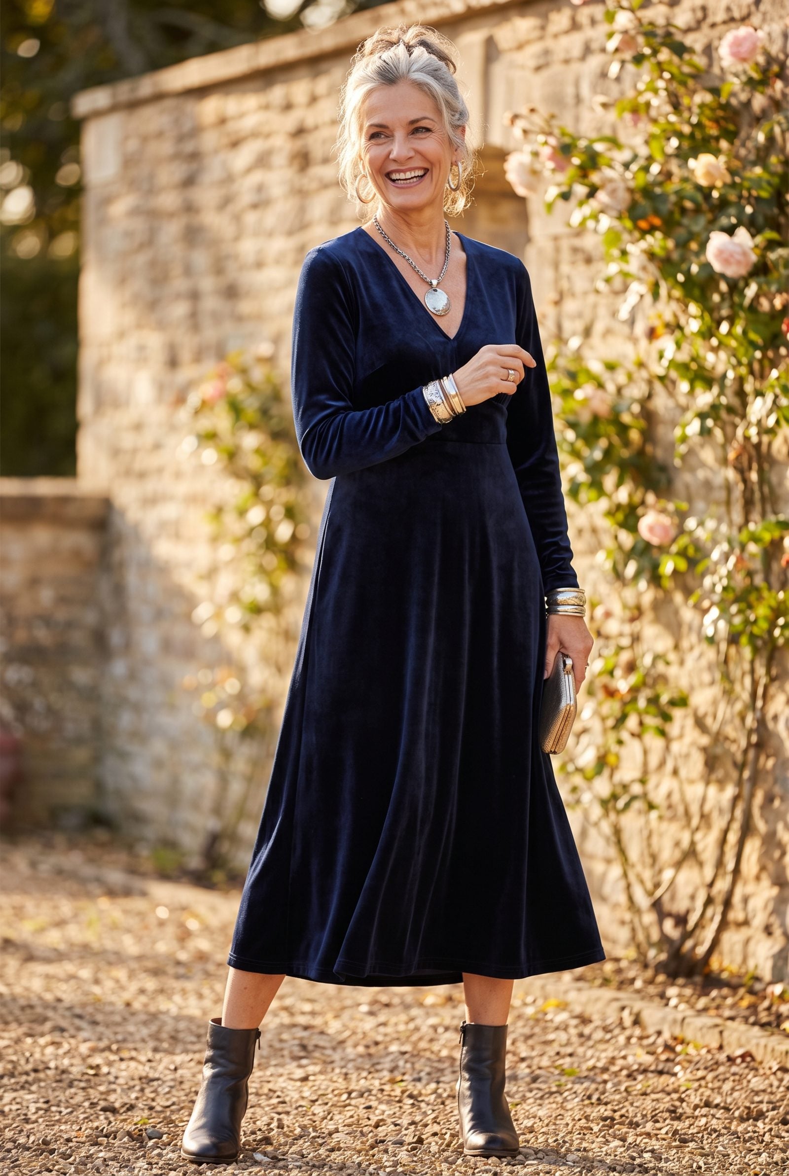 Navy Velvet Midi Dress With Silver Jewelry