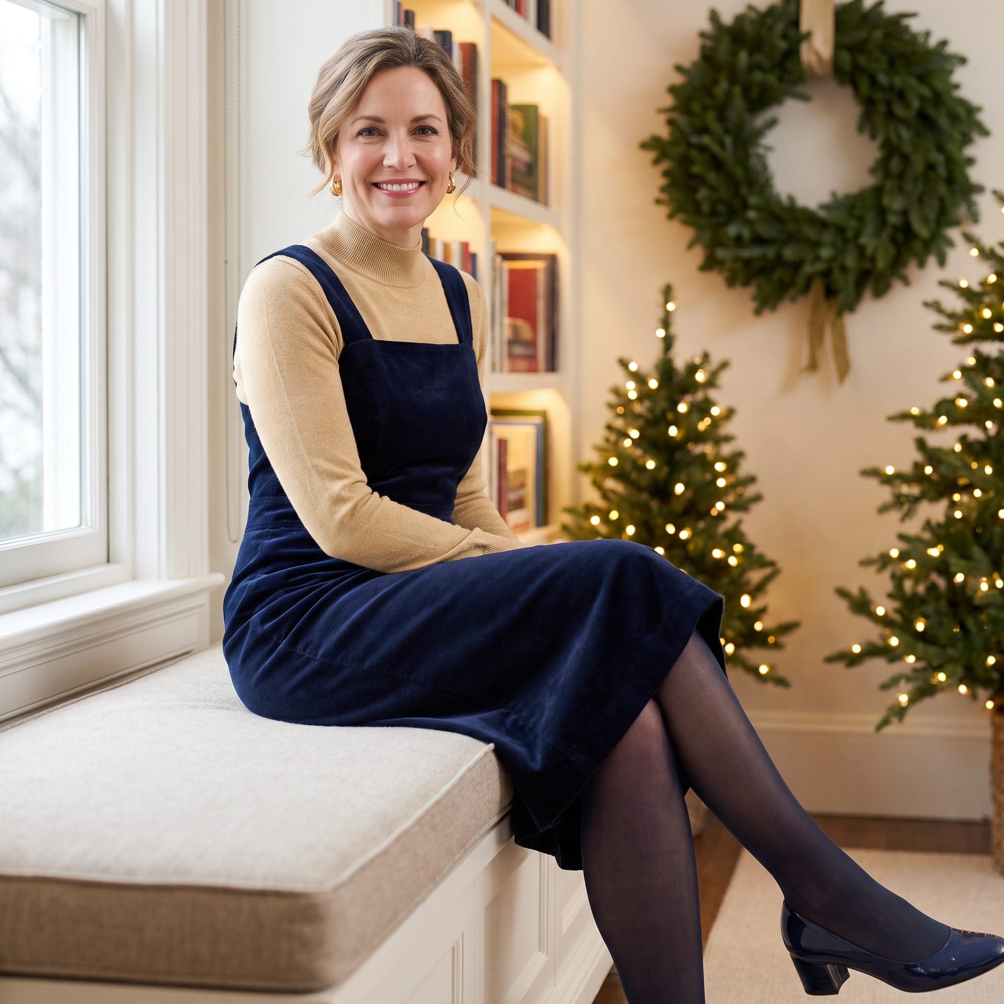 Navy velvet pinafore dress over a soft-gold fine-knit top