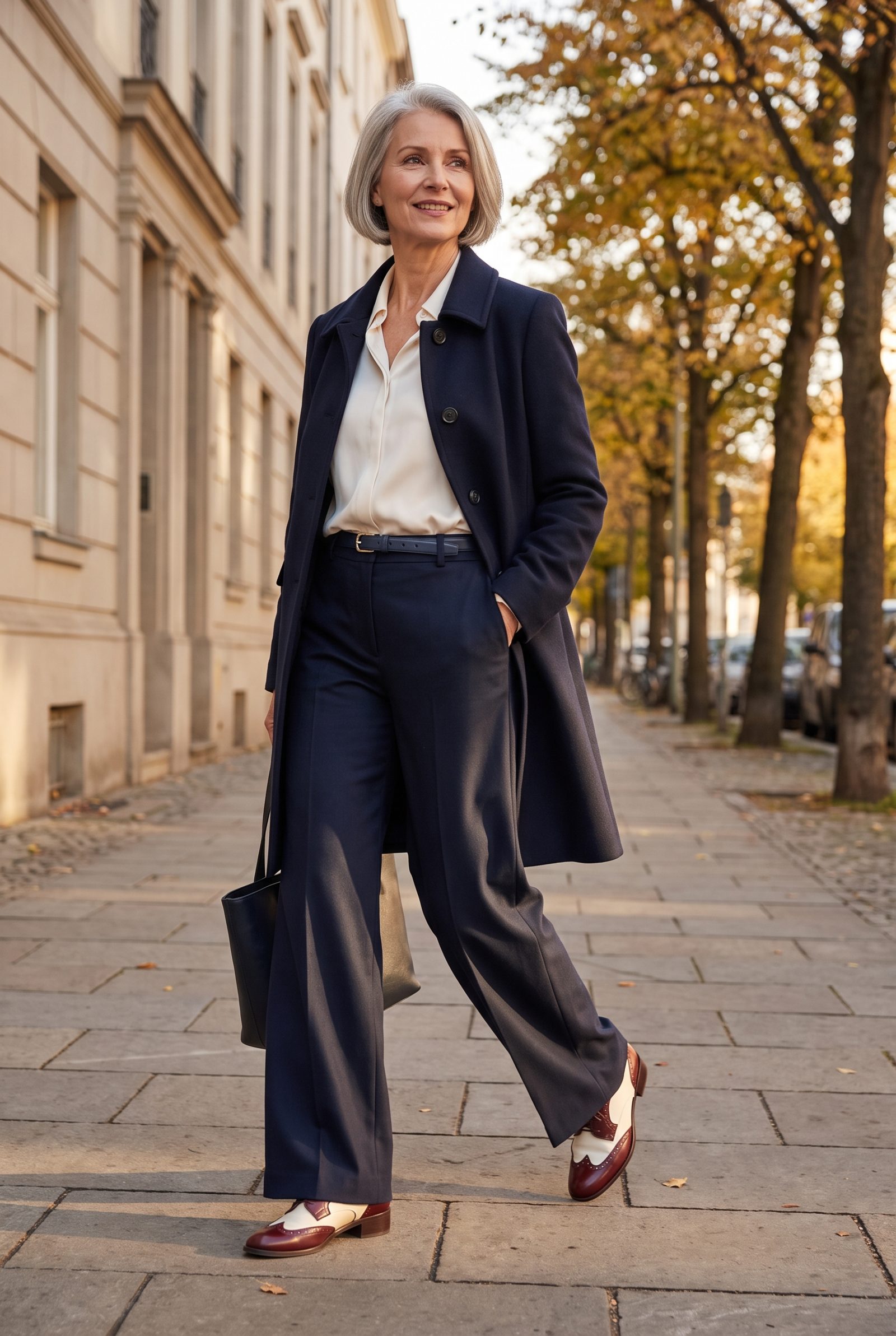 Navy Wide-Leg Pants with Burgundy Spectator Shoes