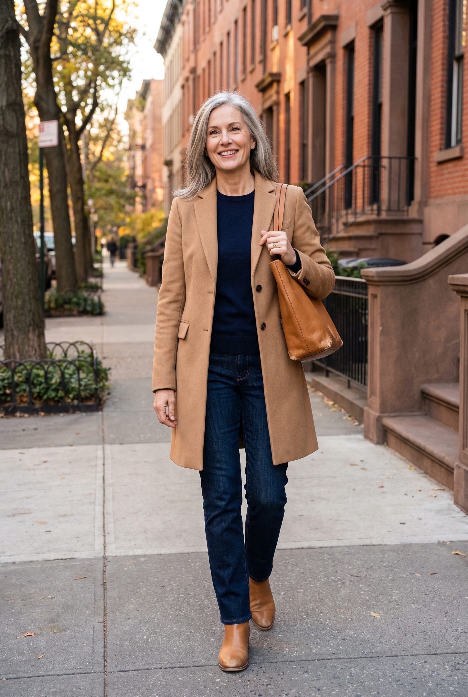 Woman in a camel coat and indigo jeans with tan ankle boots showing scuffed heels and a frayed-cornered tote.