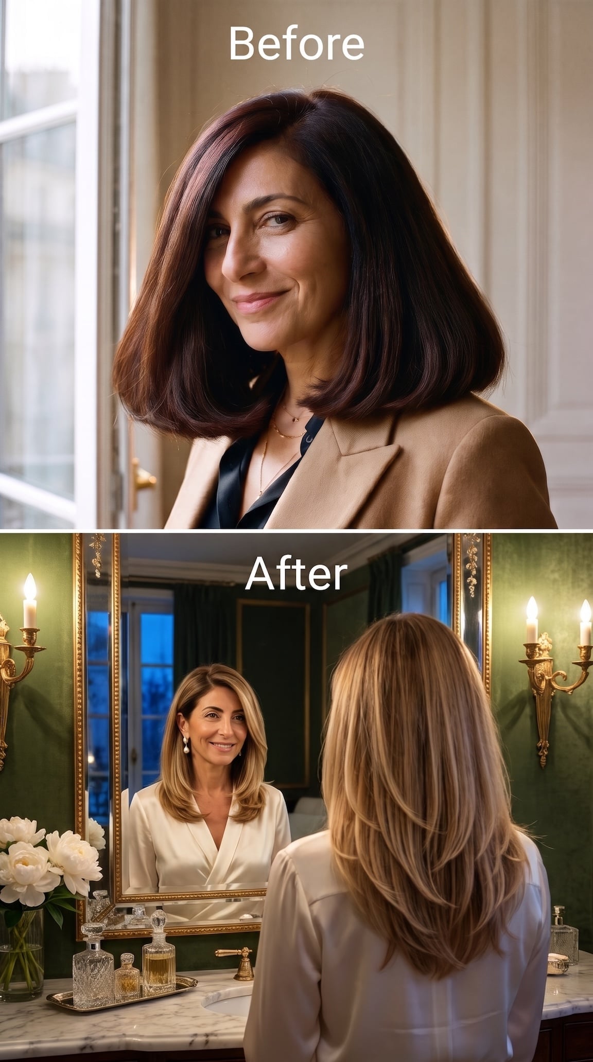 Before and after hairstyle transformation featuring long blonde layers that reduce the appearance of a heavy lower edge