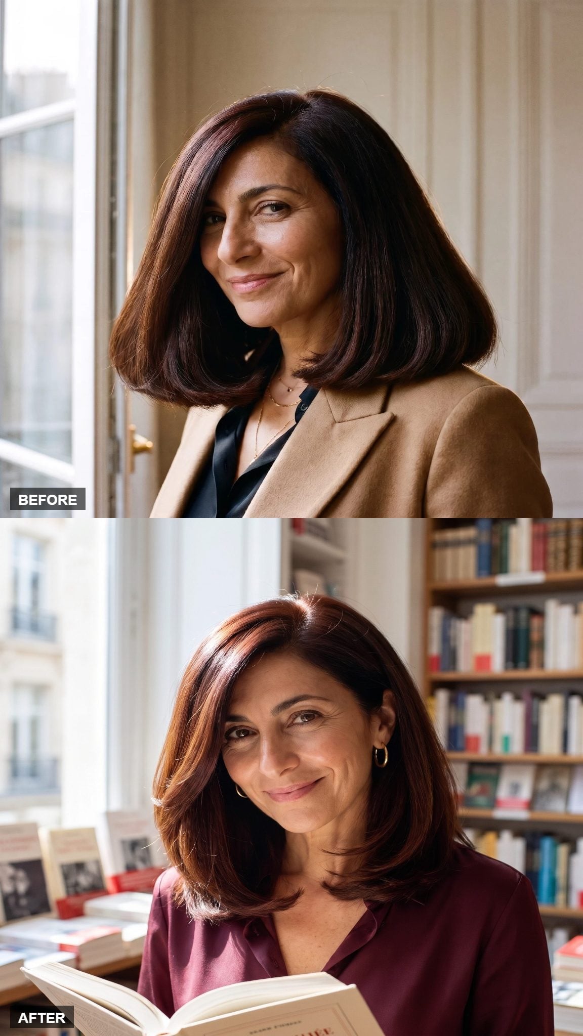 Before and after hairstyle transformation featuring warm auburn layers and softly curved shoulder-length ends