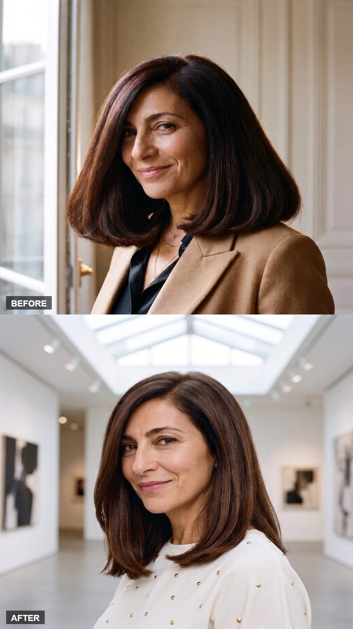 Before and after hairstyle transformation featuring a straight medium-brown lob with a smooth collarbone-length finish