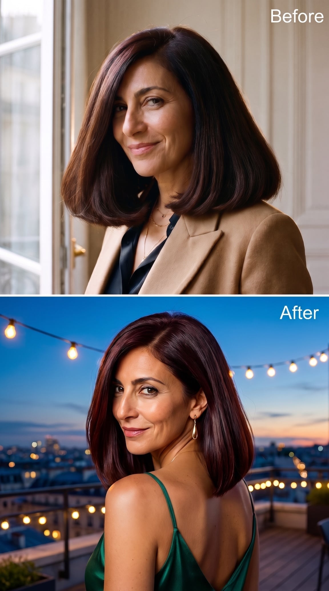 Before and after hairstyle transformation featuring burgundy shoulder-length layers and a softer face-framing shape