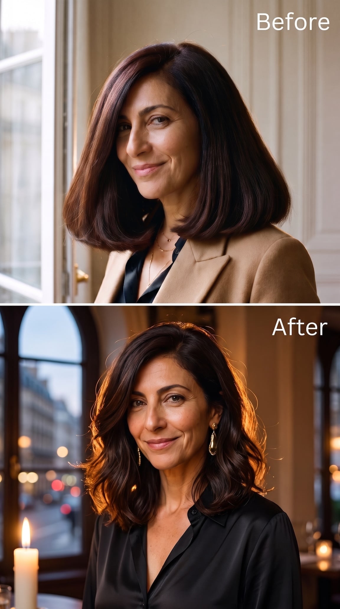 Before and after hairstyle transformation featuring golden-brown shoulder-length waves with softer, separated ends