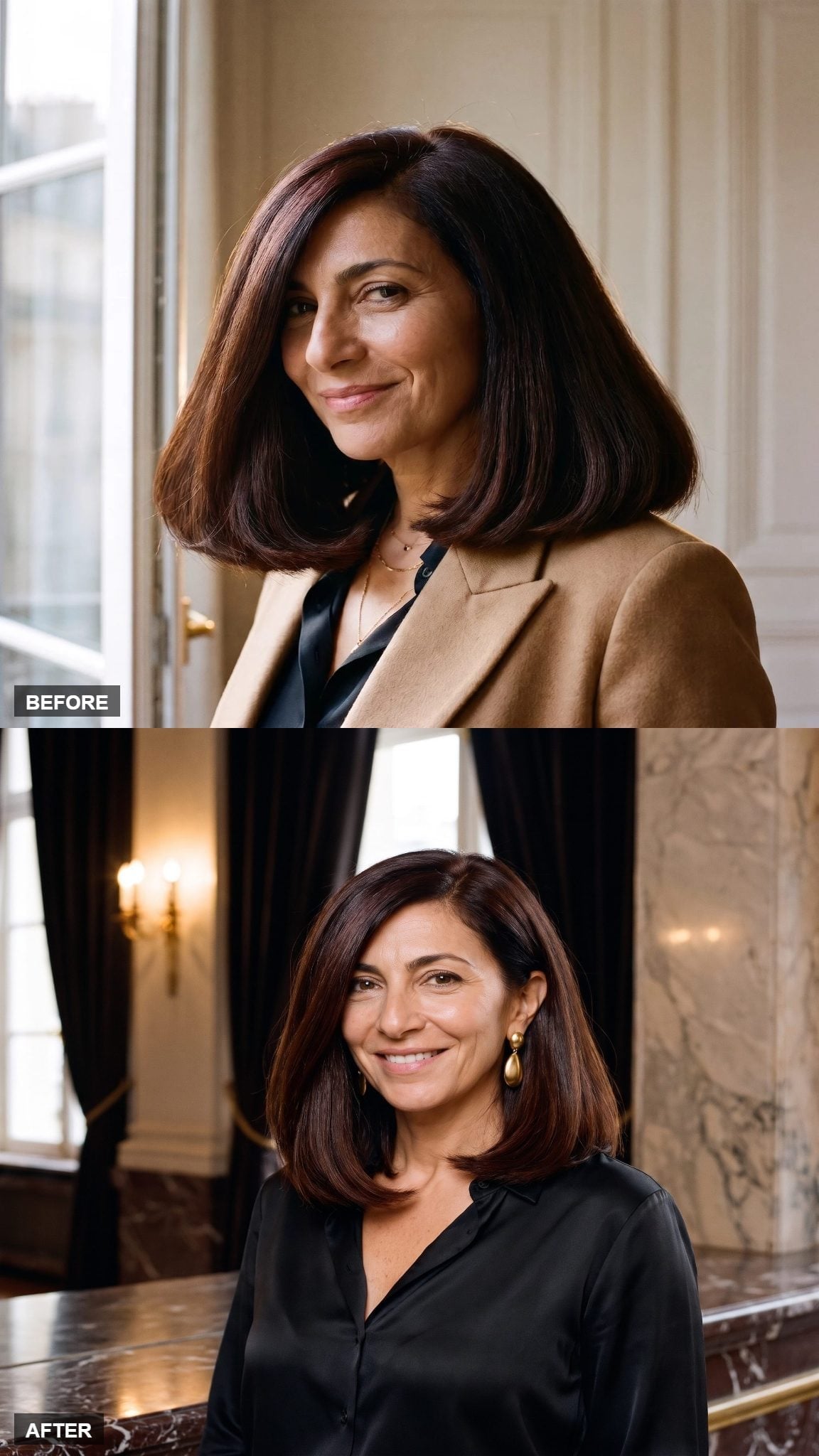Before and after hairstyle transformation featuring a dark shoulder-length lob with softly shaped ends