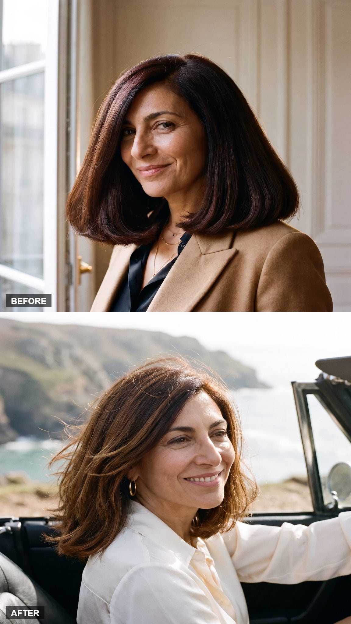 Before and after hairstyle transformation featuring wind-swept chestnut layers with loose movement around the face