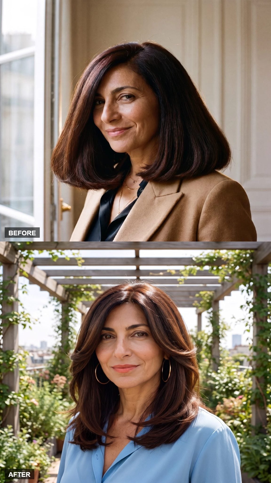 Before and after hairstyle transformation featuring copper-highlighted brunette layers around the face