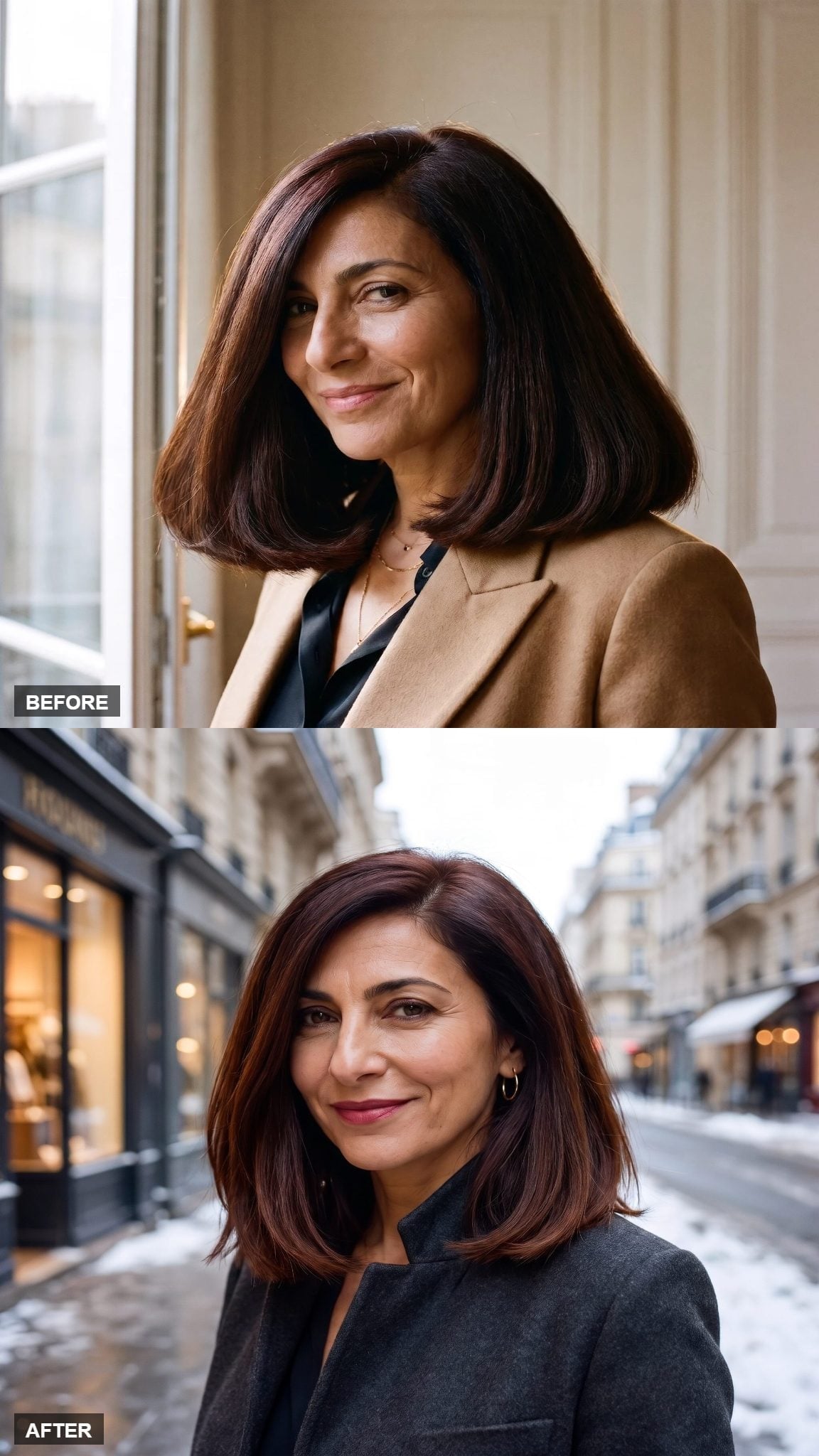 Before and after hairstyle transformation featuring a dark-cherry shoulder-grazing bob with a refined perimeter