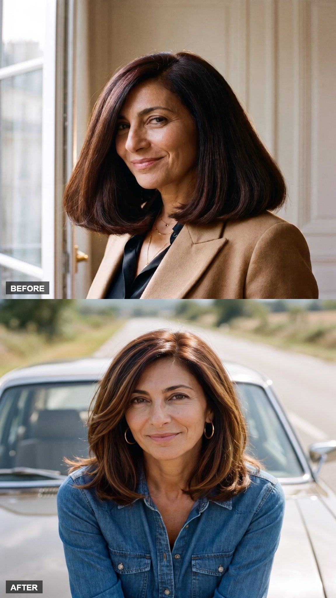 Before and after hairstyle transformation featuring caramel-highlighted brunette waves with a textured shoulder-length finish