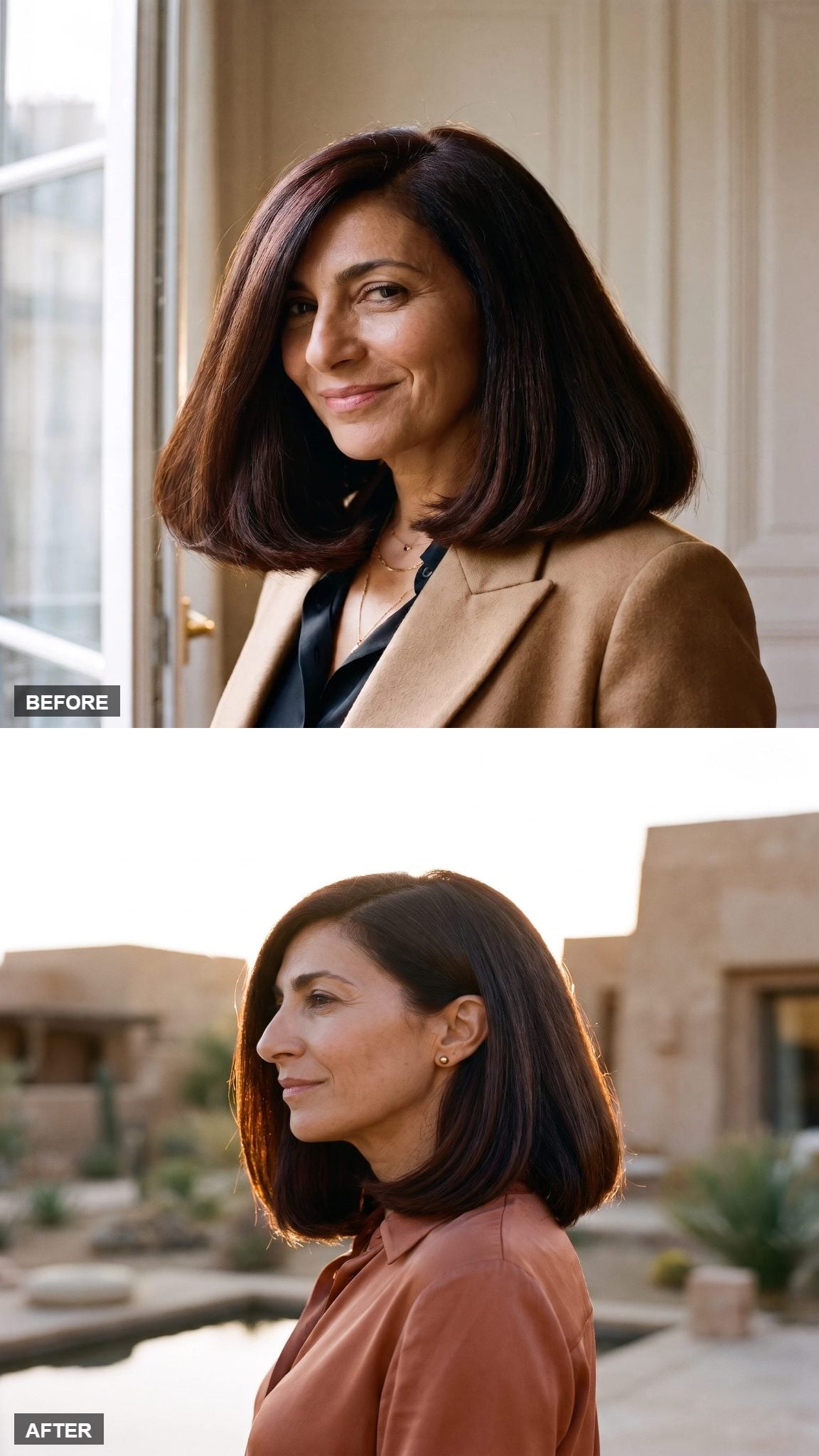 Before and after hairstyle transformation featuring a polished, blunt shoulder-length cut with a controlled profile