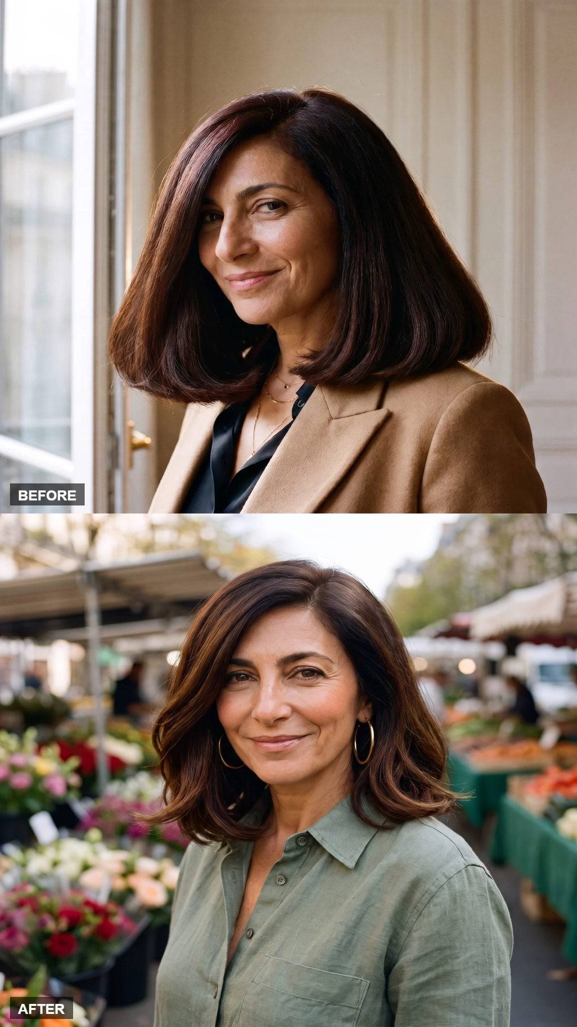 Before and after hairstyle transformation featuring a textured jaw-length bob with softer, less rigid ends