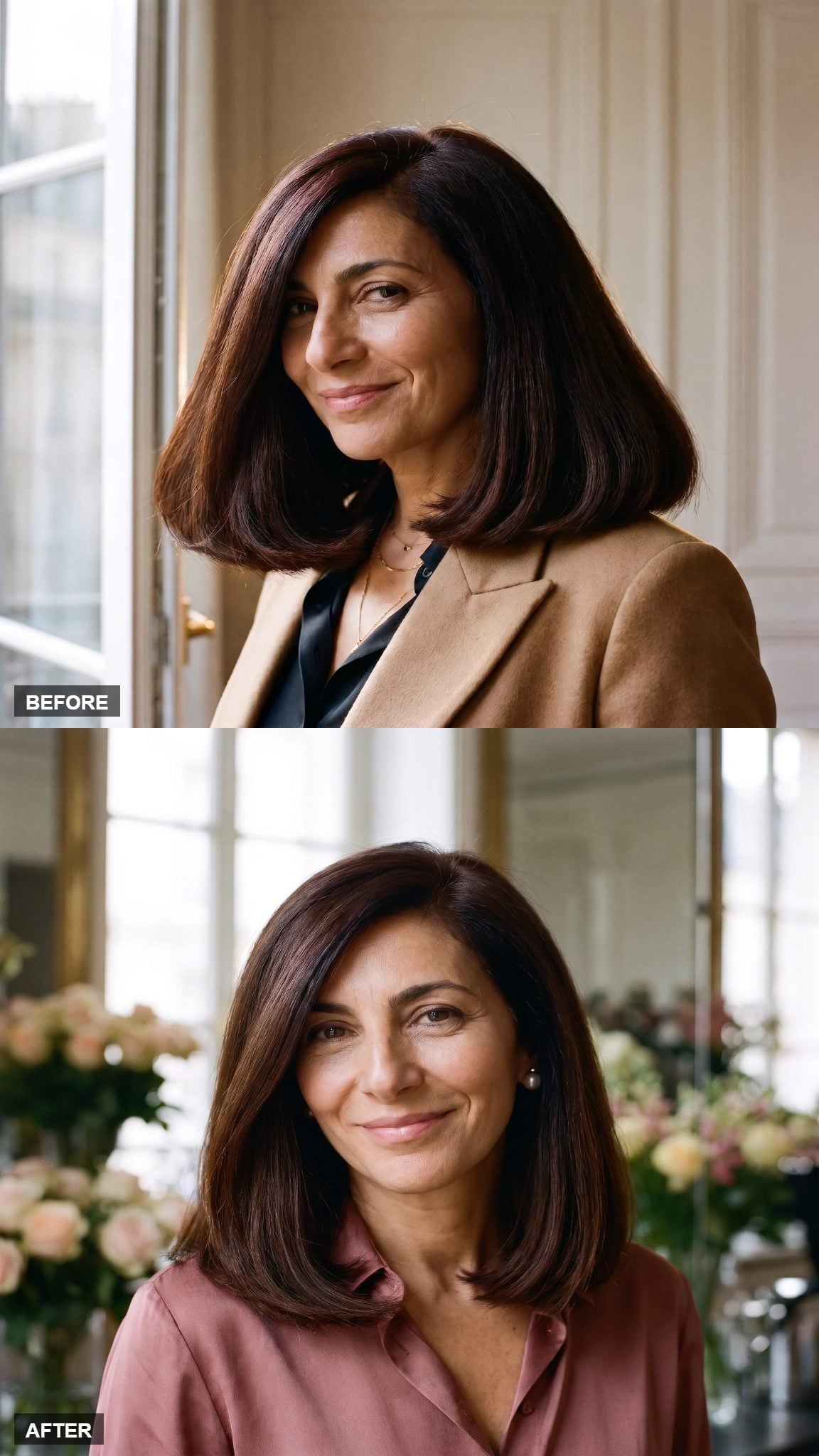 Before and after hairstyle transformation featuring soft mahogany layers and a gently shaped shoulder-length perimeter