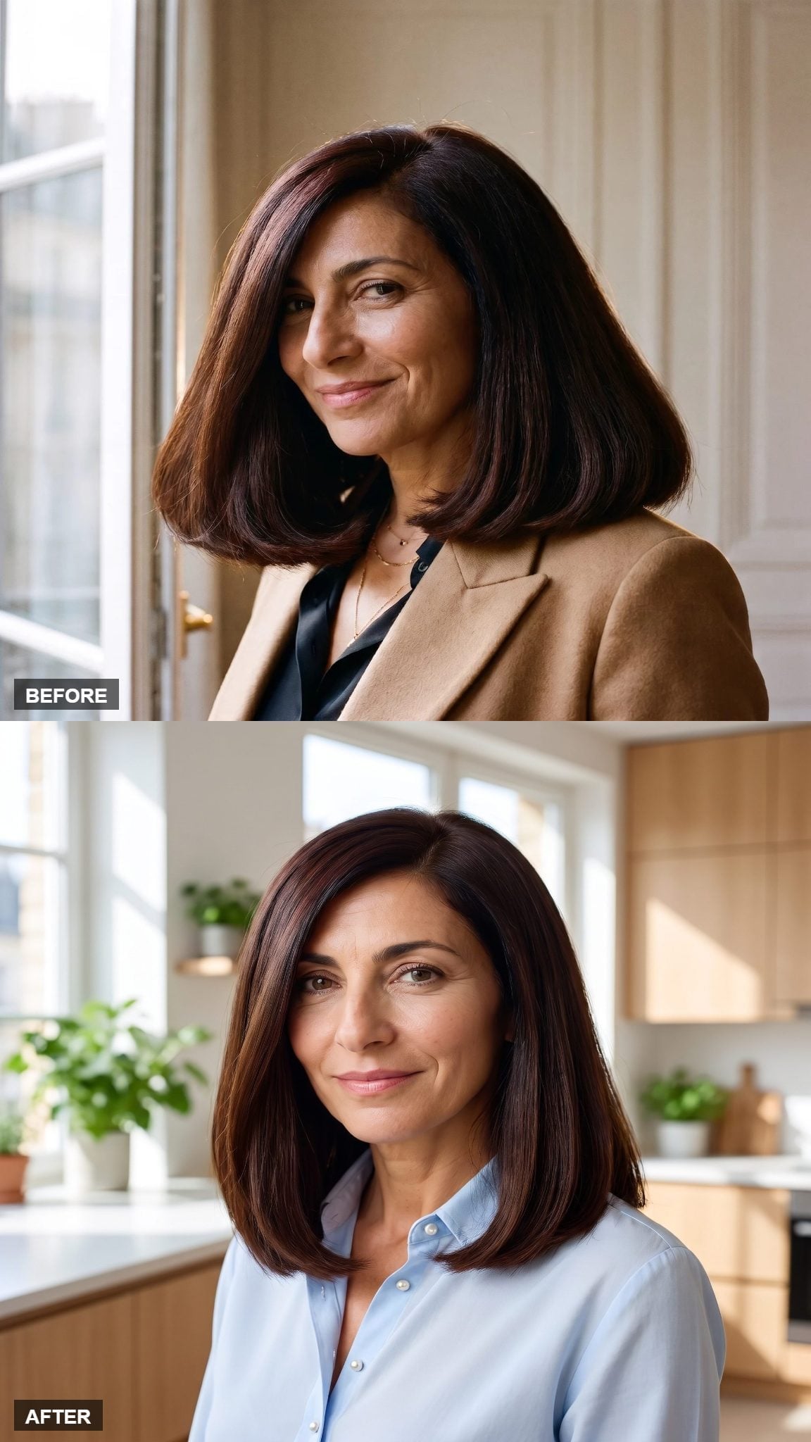 Before and after hairstyle transformation featuring a blunt burgundy-brown bob with darker roots and warmer lengths