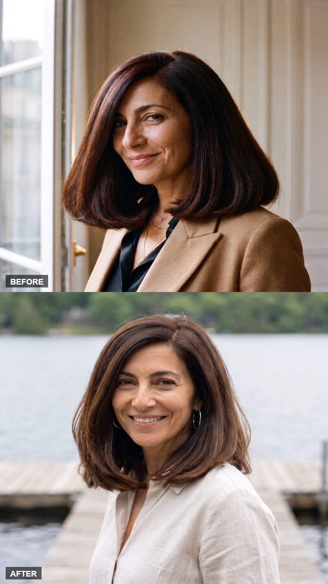Before and after hairstyle transformation featuring a balanced collarbone-length brunette lob with subtle caramel tones