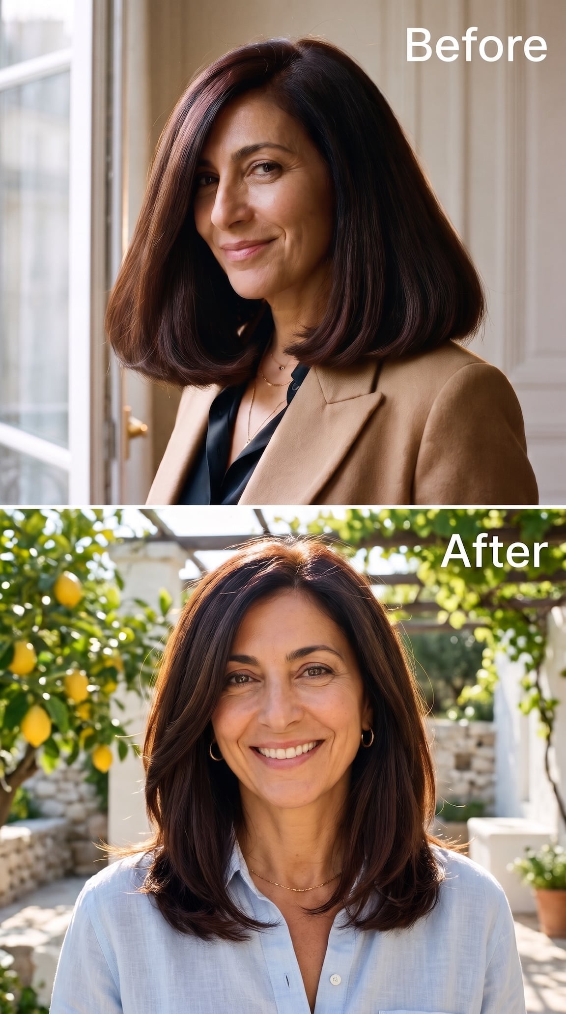 Before and after hairstyle transformation featuring chocolate-brown face-framing layers that soften the jawline