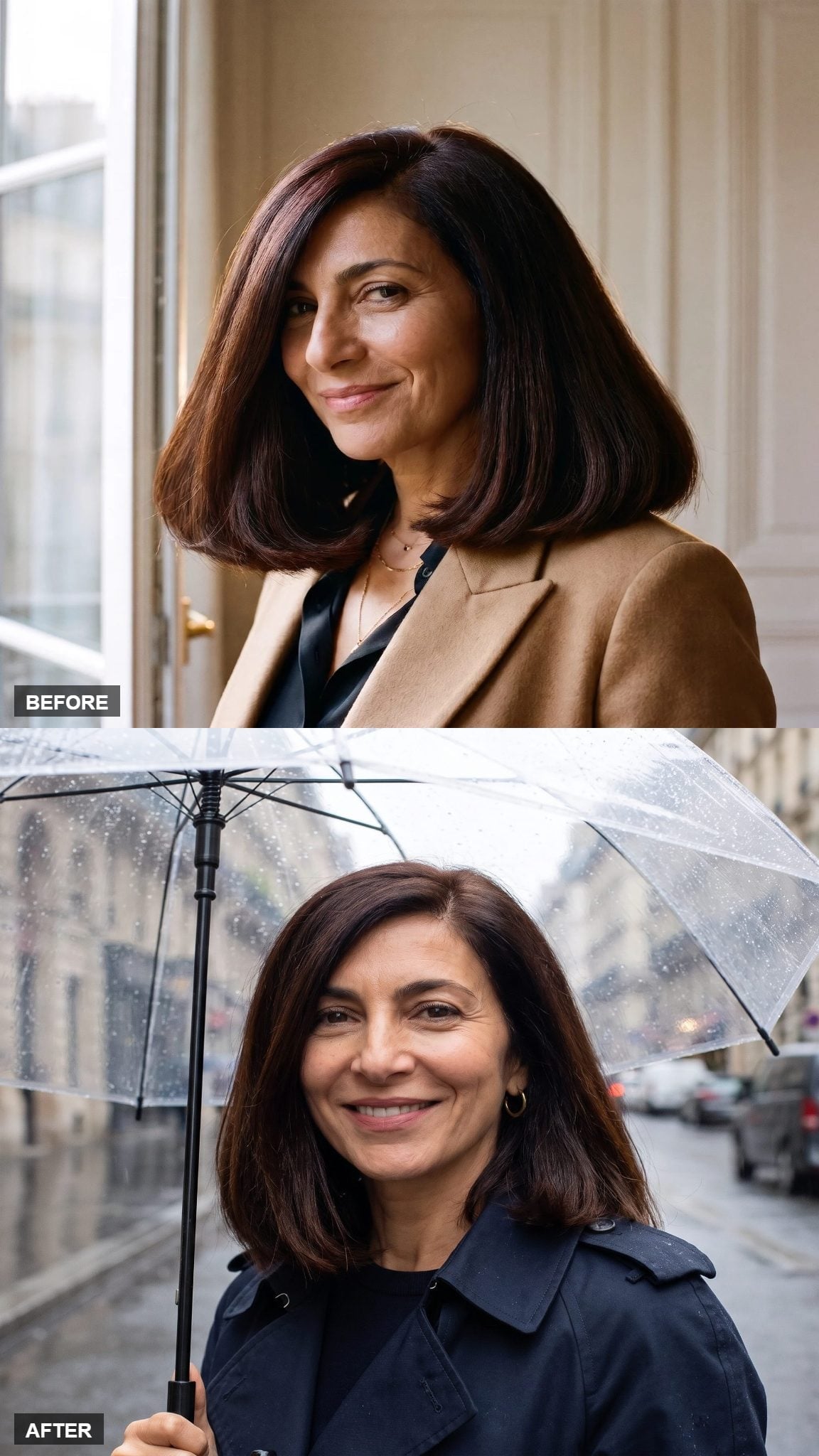 Before and after hairstyle transformation showing a smooth dark brunette bob with a clean, controlled outline