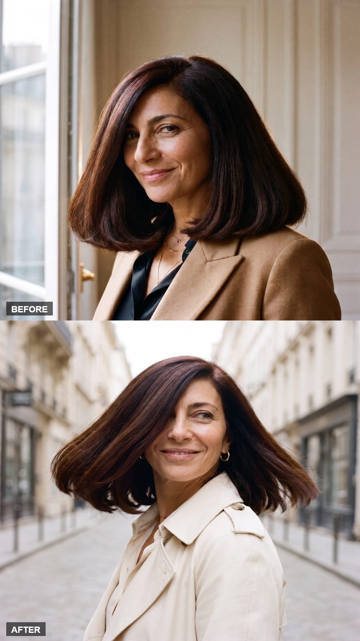 Before and after hairstyle transformation featuring a burgundy-brown lob with gently outward-turning ends