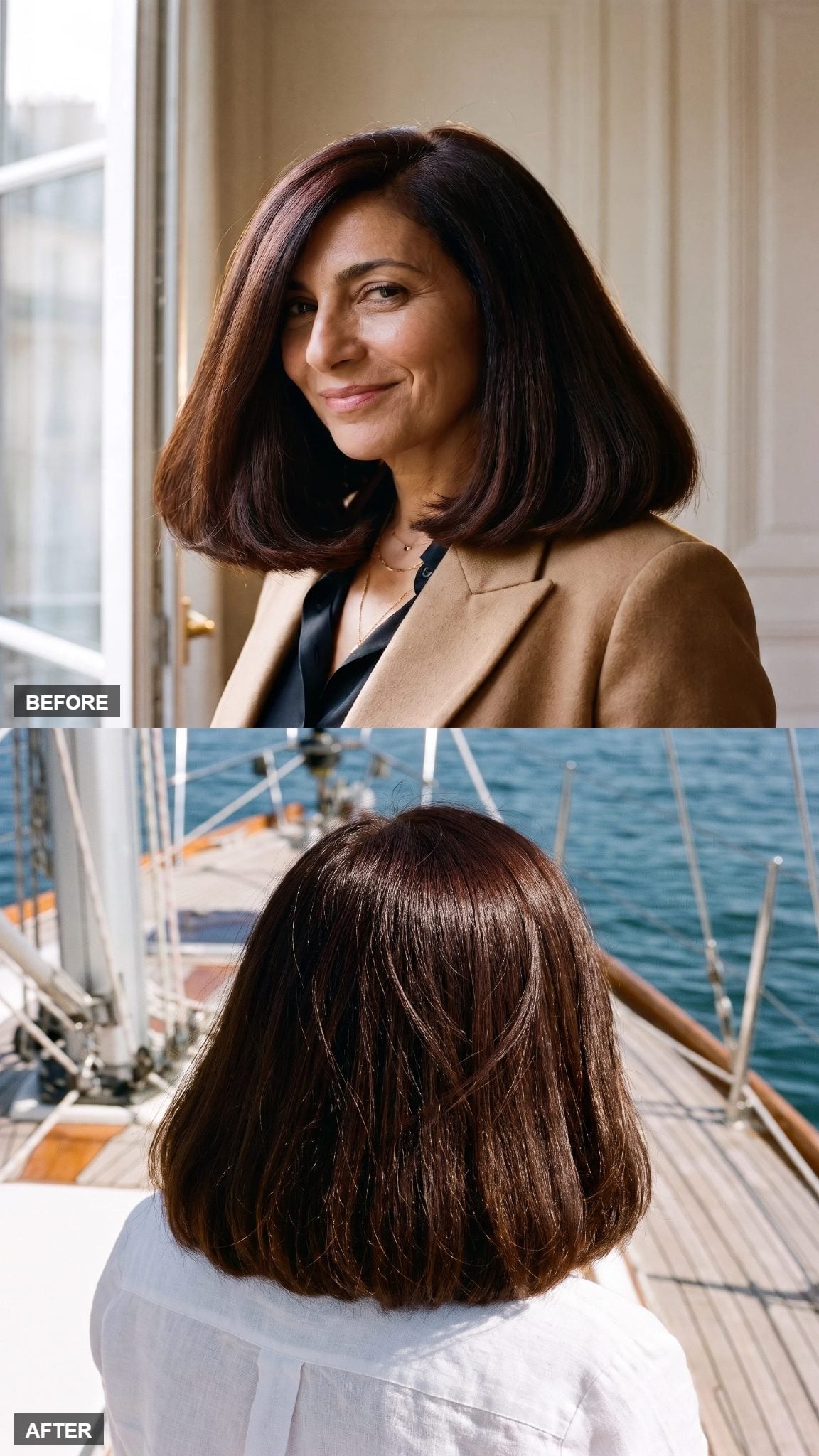 Before and after hairstyle transformation showing the clean back profile of a precision-cut chocolate-brown bob