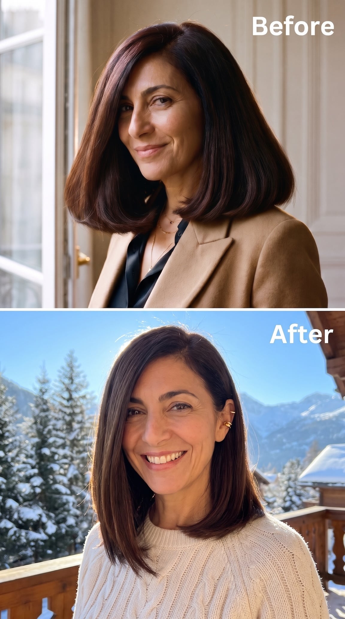 Before and after hairstyle transformation featuring a smoother, straighter shoulder-length cut