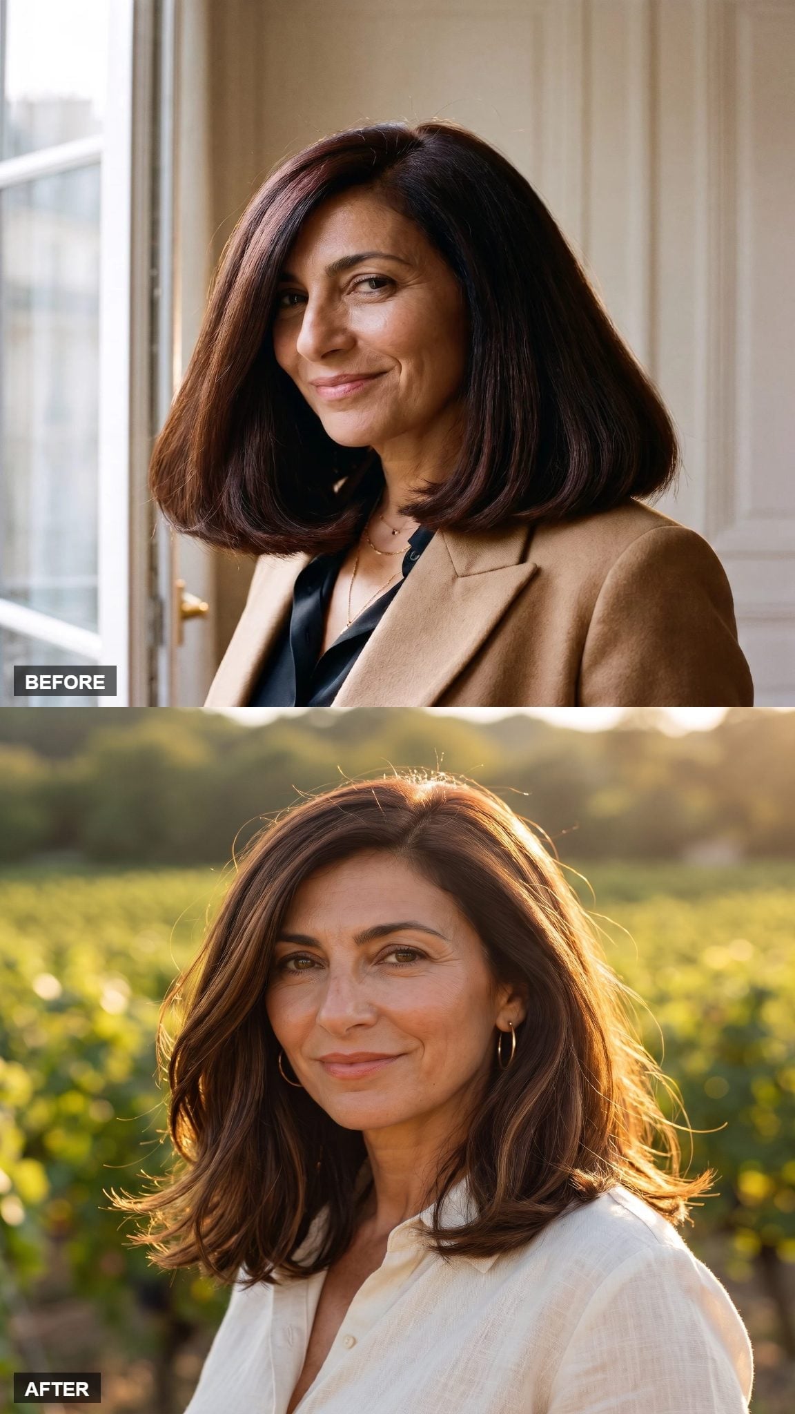 Before and after hairstyle transformation featuring loose highlighted brunette waves with fullness through the middle lengths