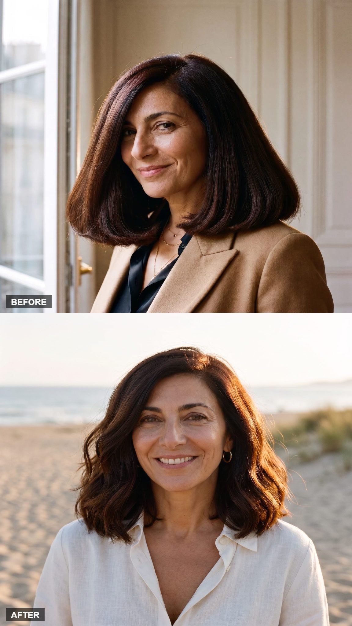 Before and after hairstyle transformation featuring loose shoulder-length brunette waves with a relaxed, flowing outline