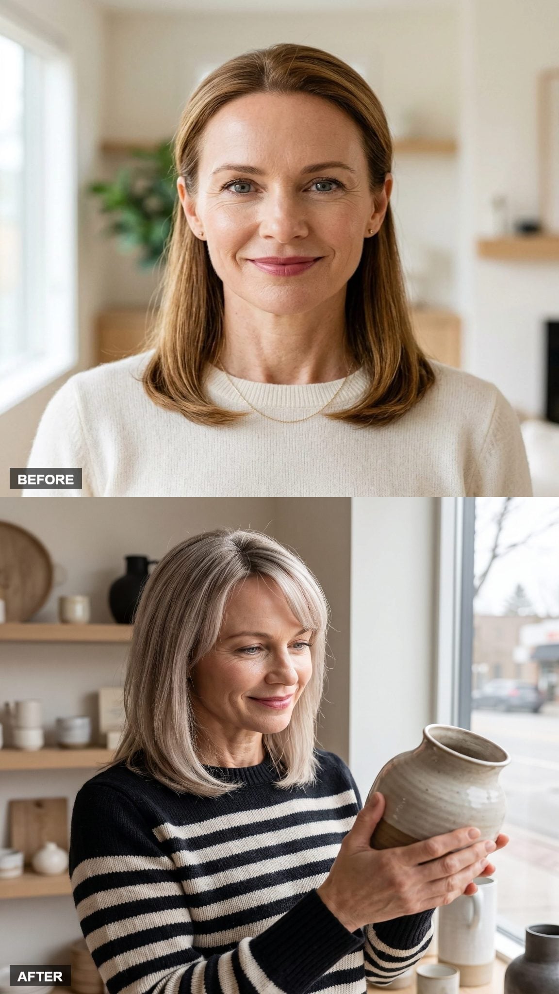 Before-and-after ash-blonde bob transformation featuring curtain-style fringe