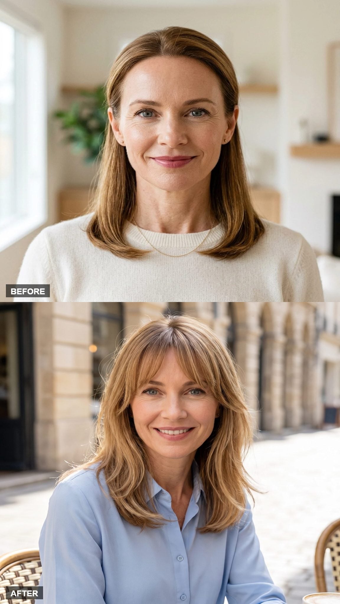Before-and-after honey-brown layered hairstyle transformation with side-swept fringe