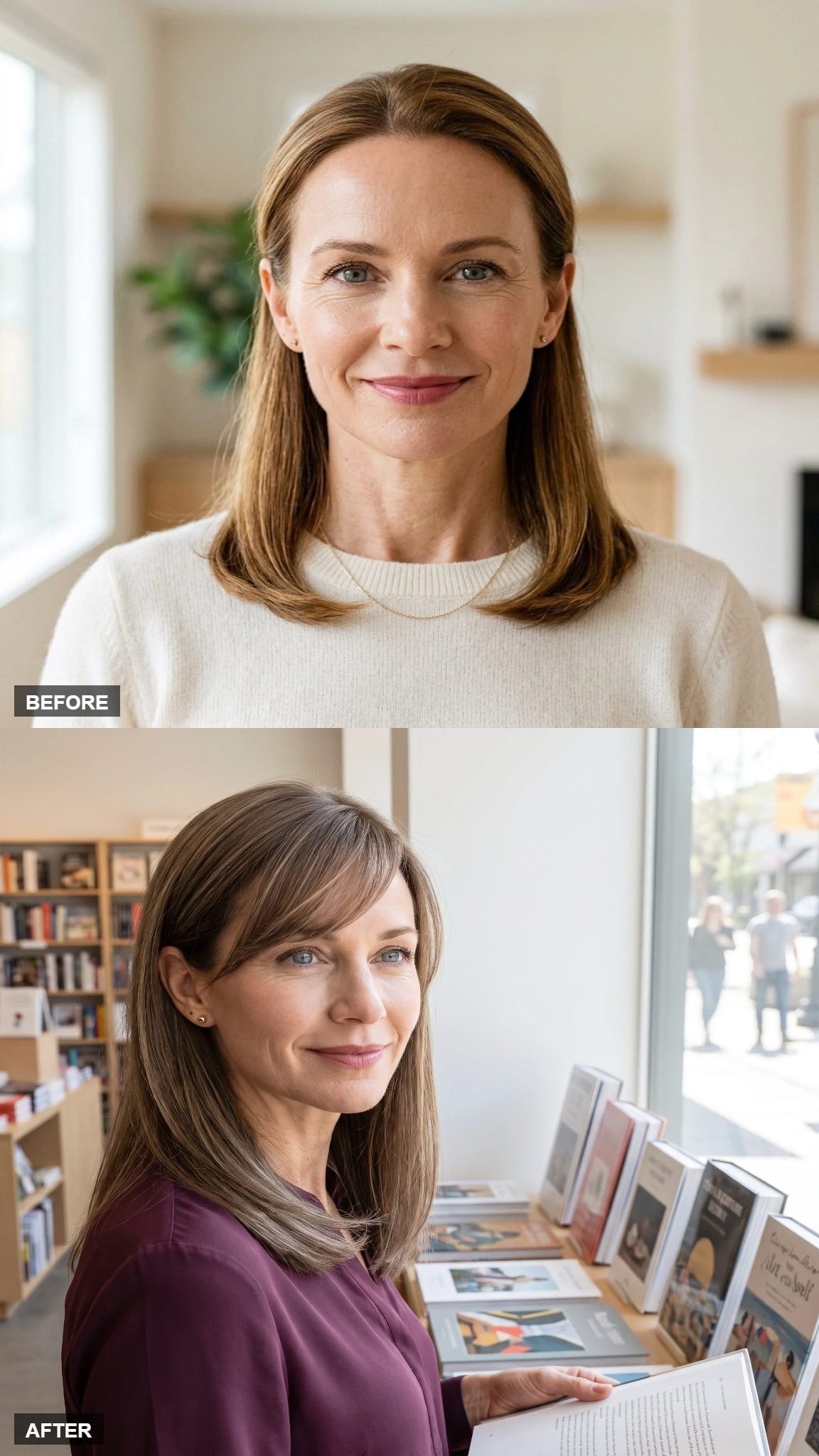Before-and-after brunette hairstyle transformation with longer side-swept bangs