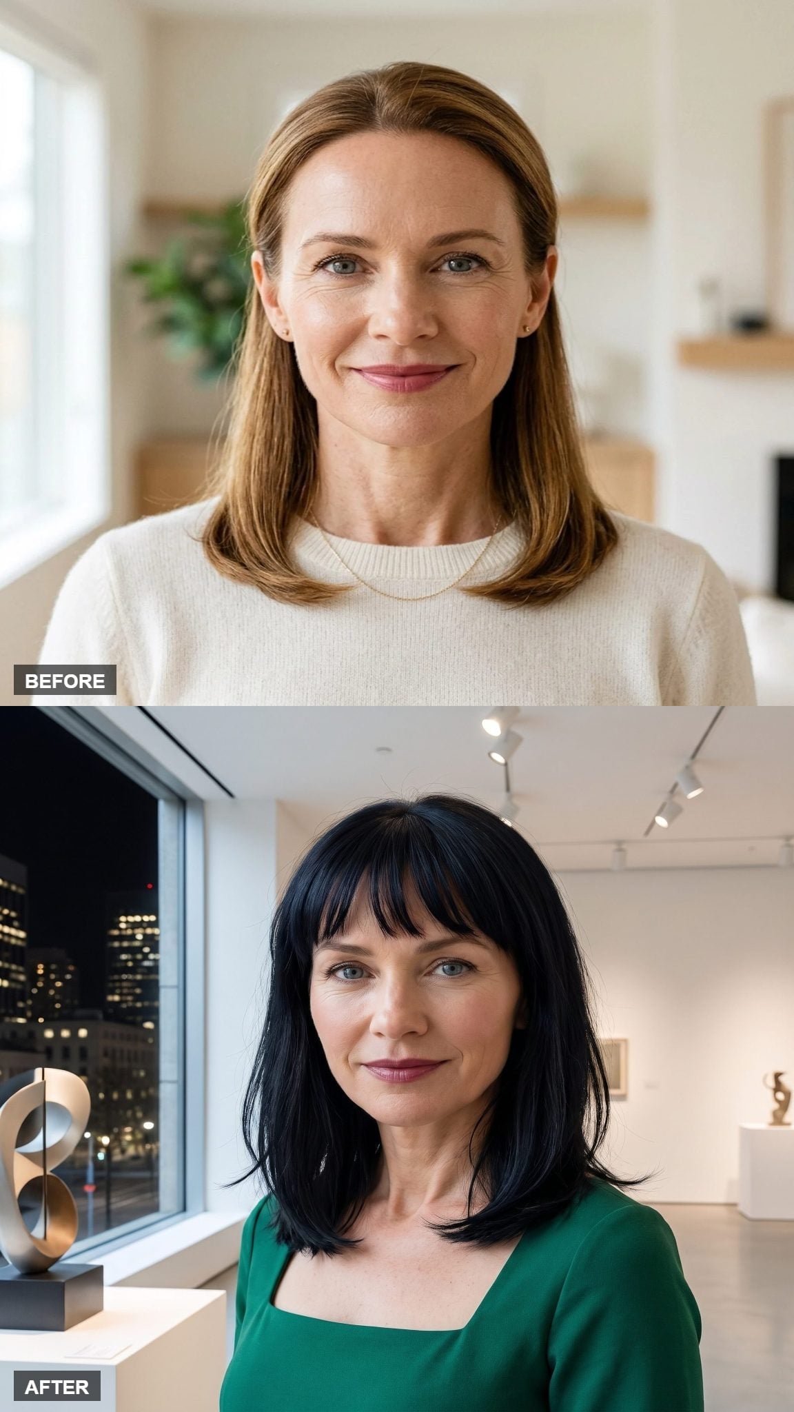 Before-and-after black bob hairstyle transformation with full blunt bangs
