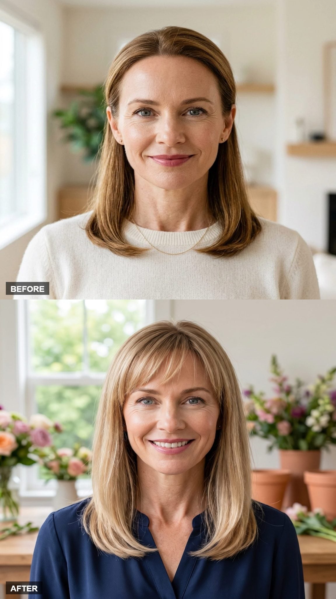 Before-and-after blonde hairstyle transformation featuring lightly feathered bangs