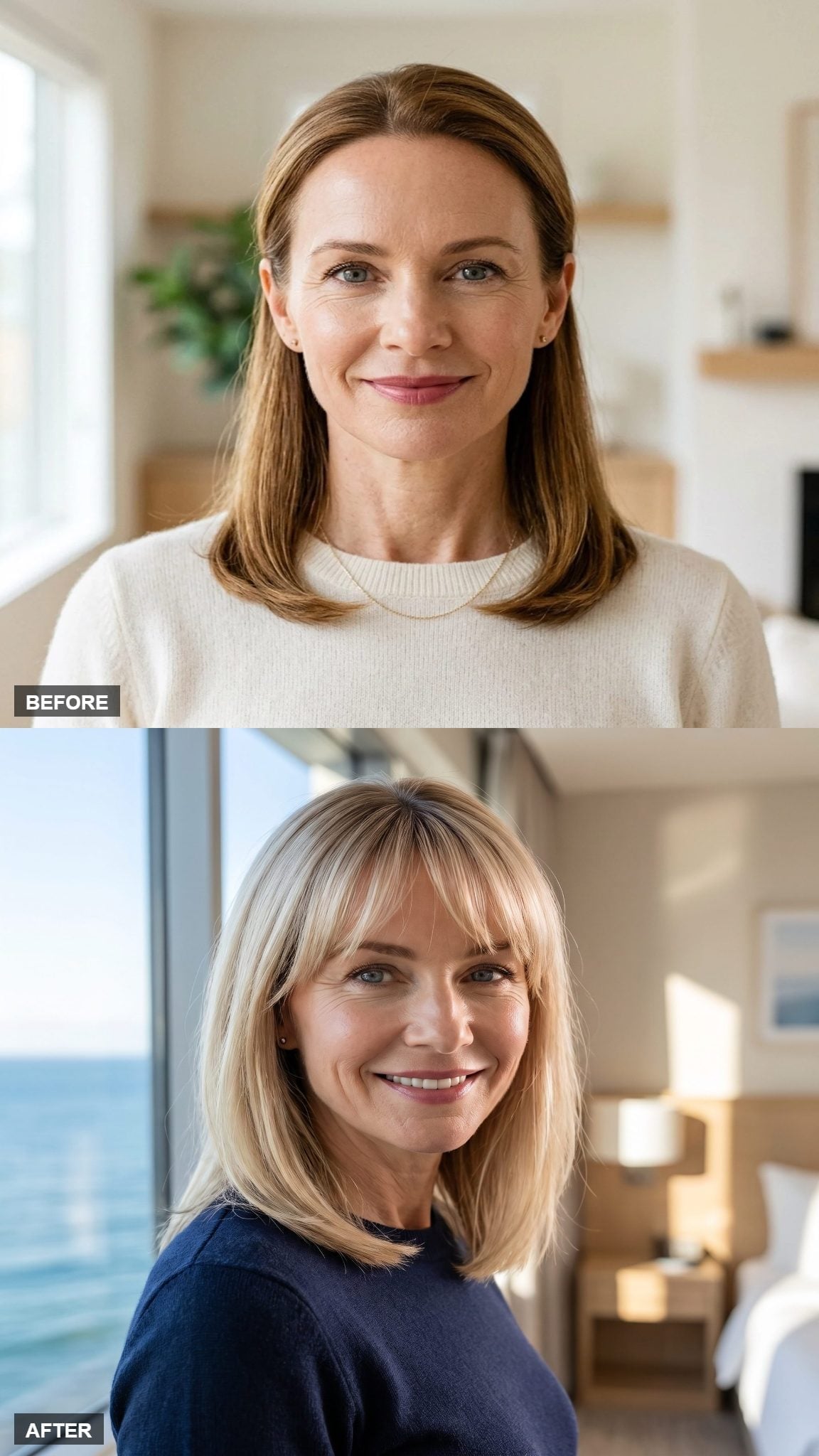Before-and-after blonde hairstyle transformation with full eyebrow-length bangs