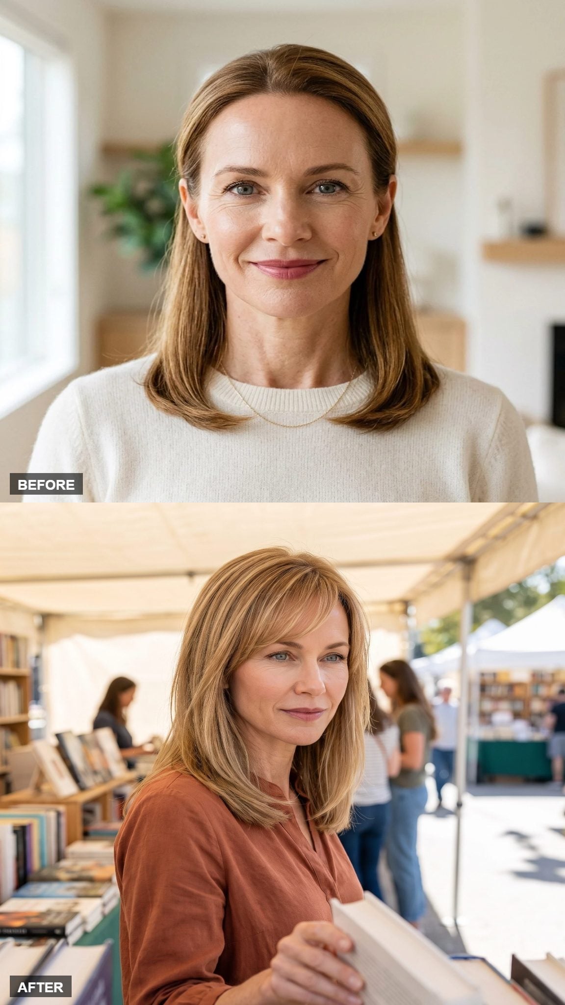 Before-and-after highlighted blonde hairstyle transformation with brow-length bangs
