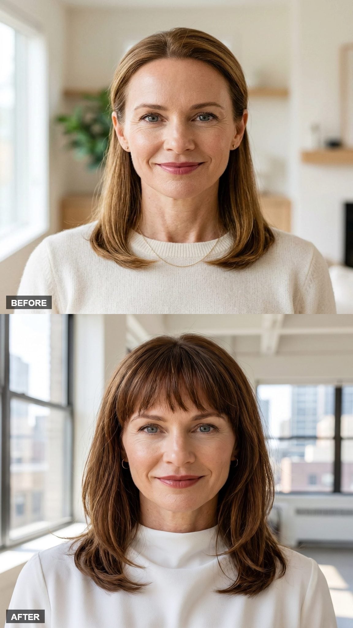 Before-and-after brunette hairstyle transformation with blunt-centered, softly tapered bangs