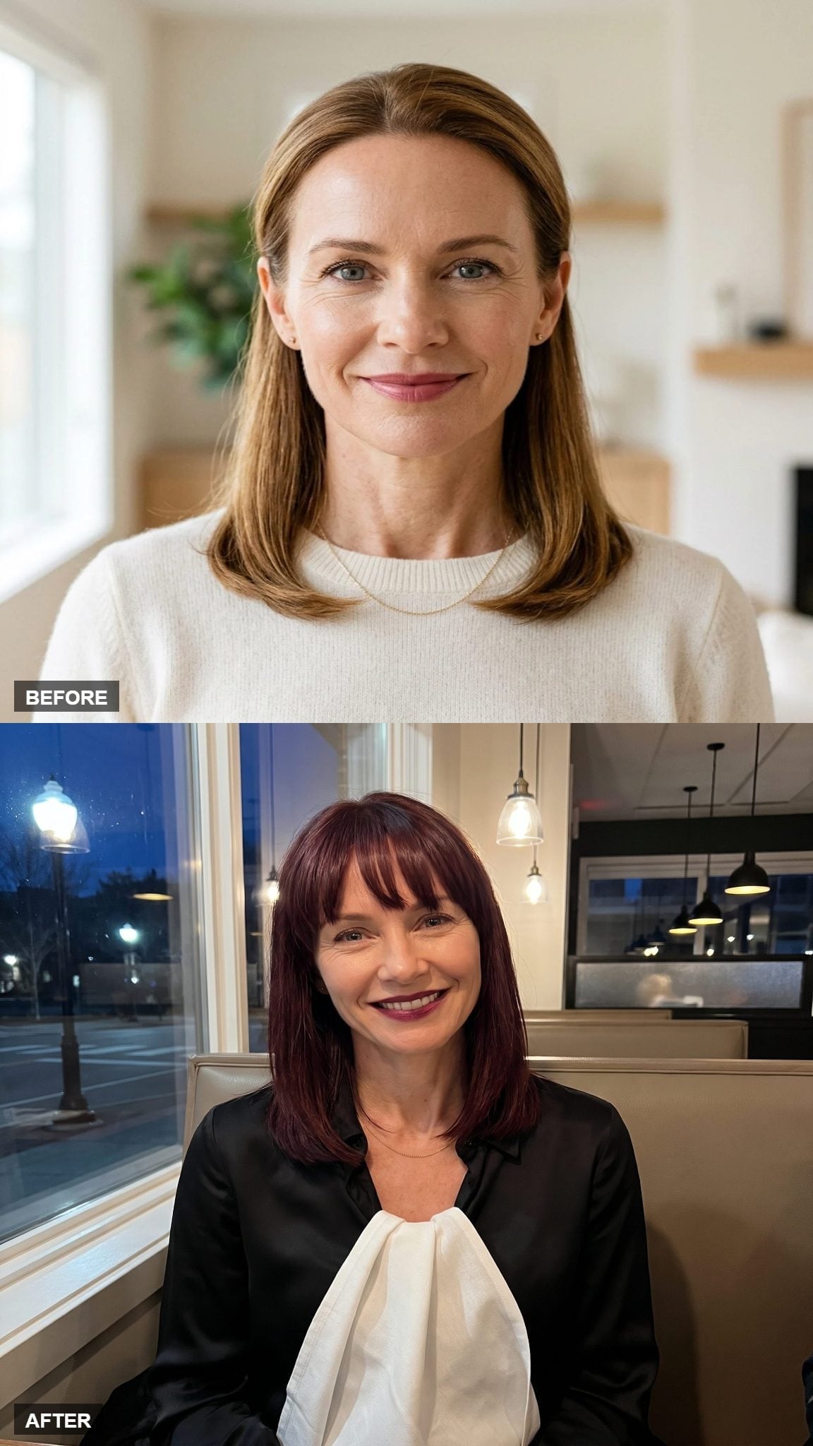 Before-and-after burgundy bob hairstyle transformation with straight bangs