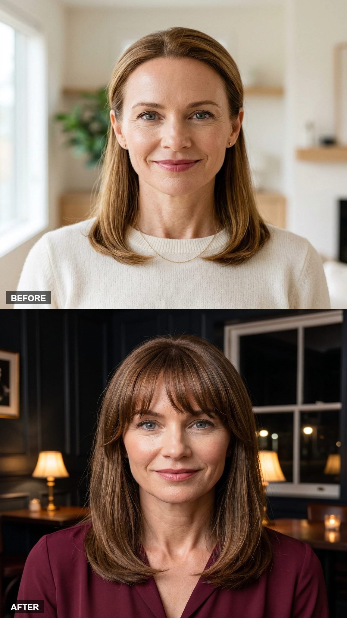 Before-and-after brunette hairstyle transformation with soft brow-length fringe