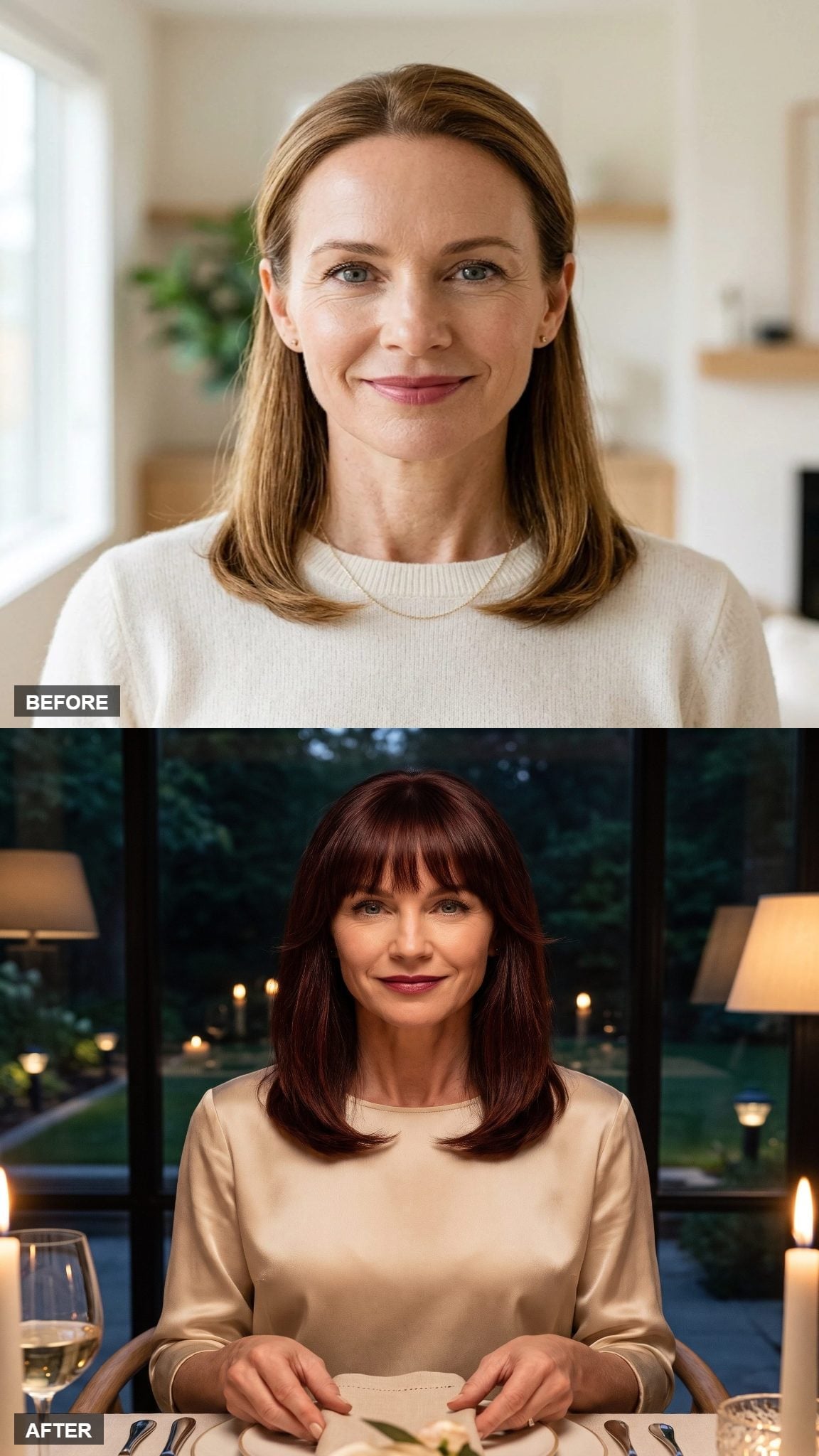 Before-and-after burgundy hairstyle transformation with full straight fringe