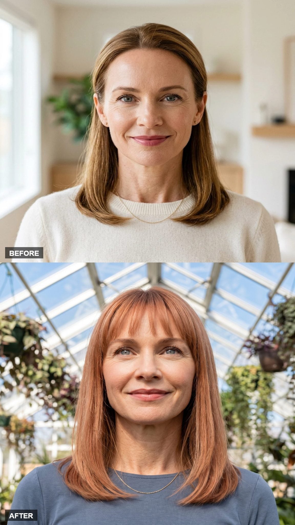 Before-and-after copper-auburn bob transformation with straight fringe