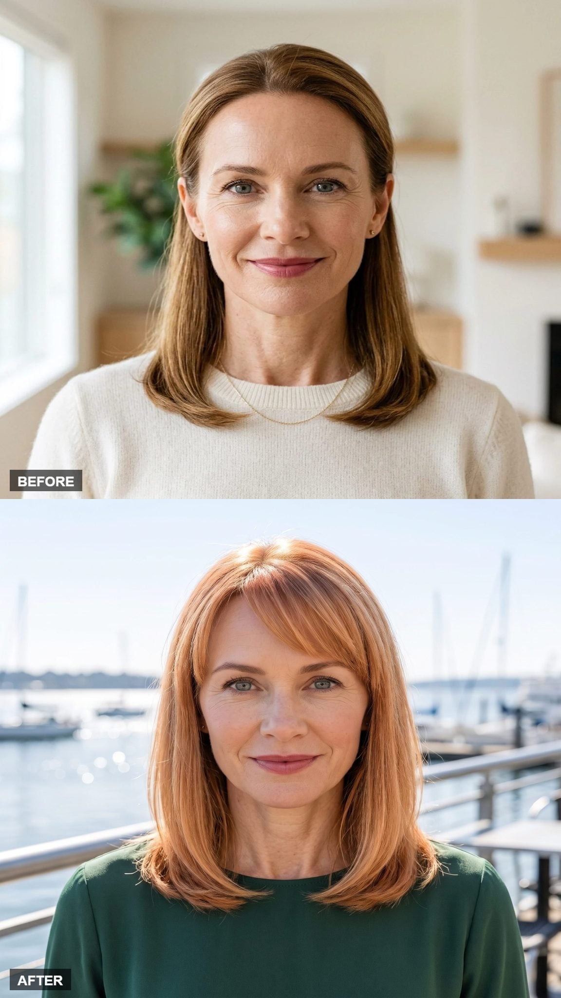 Before-and-after copper lob transformation featuring side-swept bangs