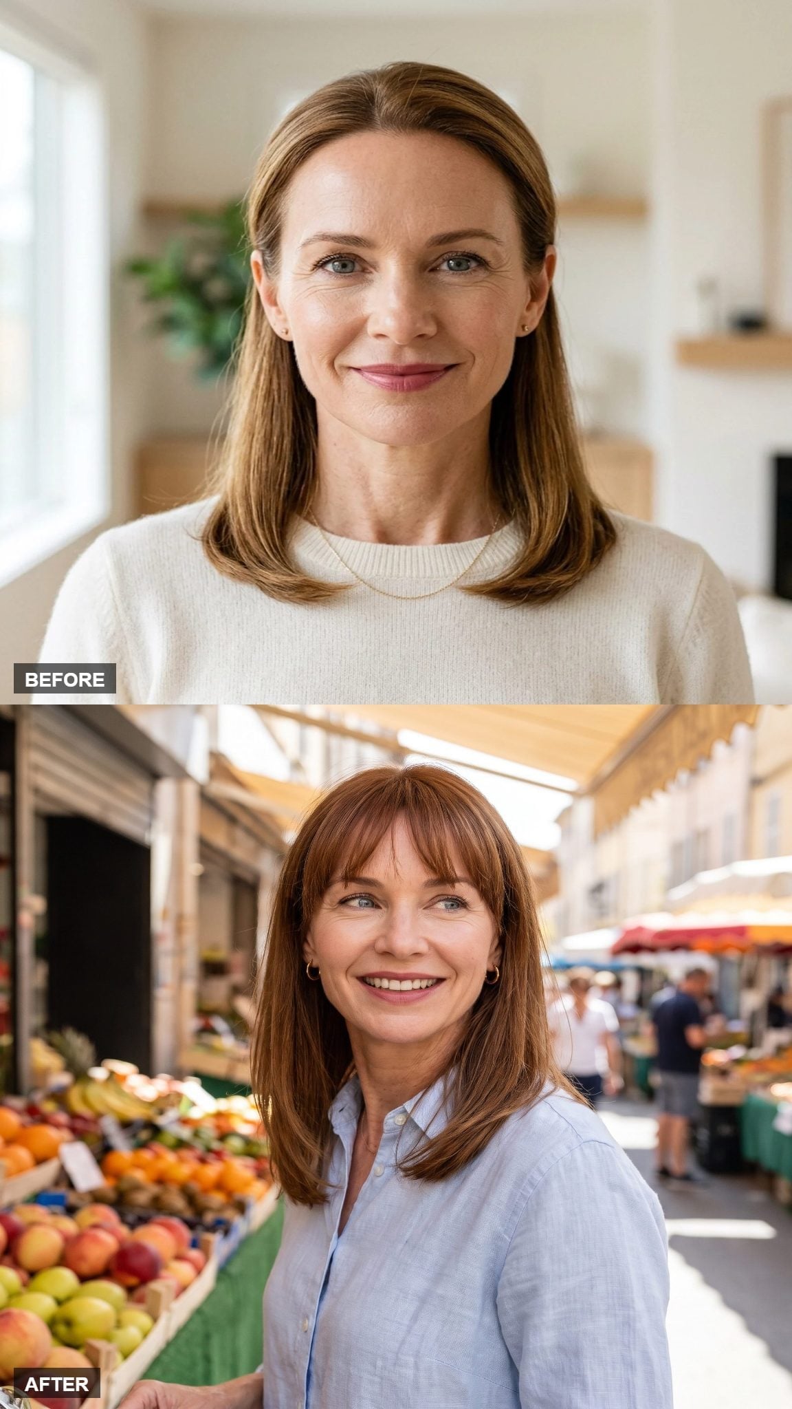 Before-and-after auburn hairstyle transformation with brow-length bangs and longer layers