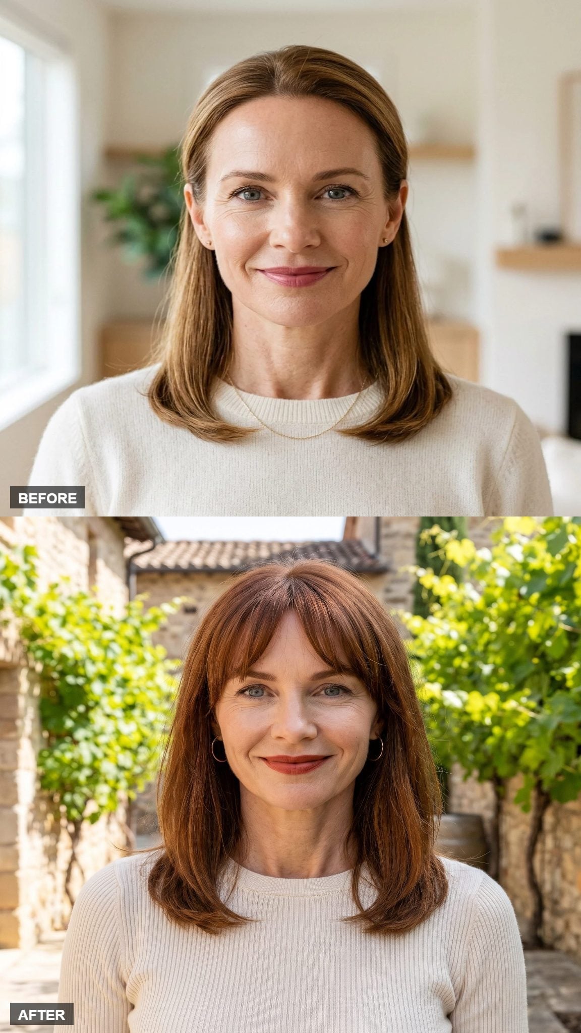 Before-and-after deep auburn hairstyle transformation with eyebrow-length bangs