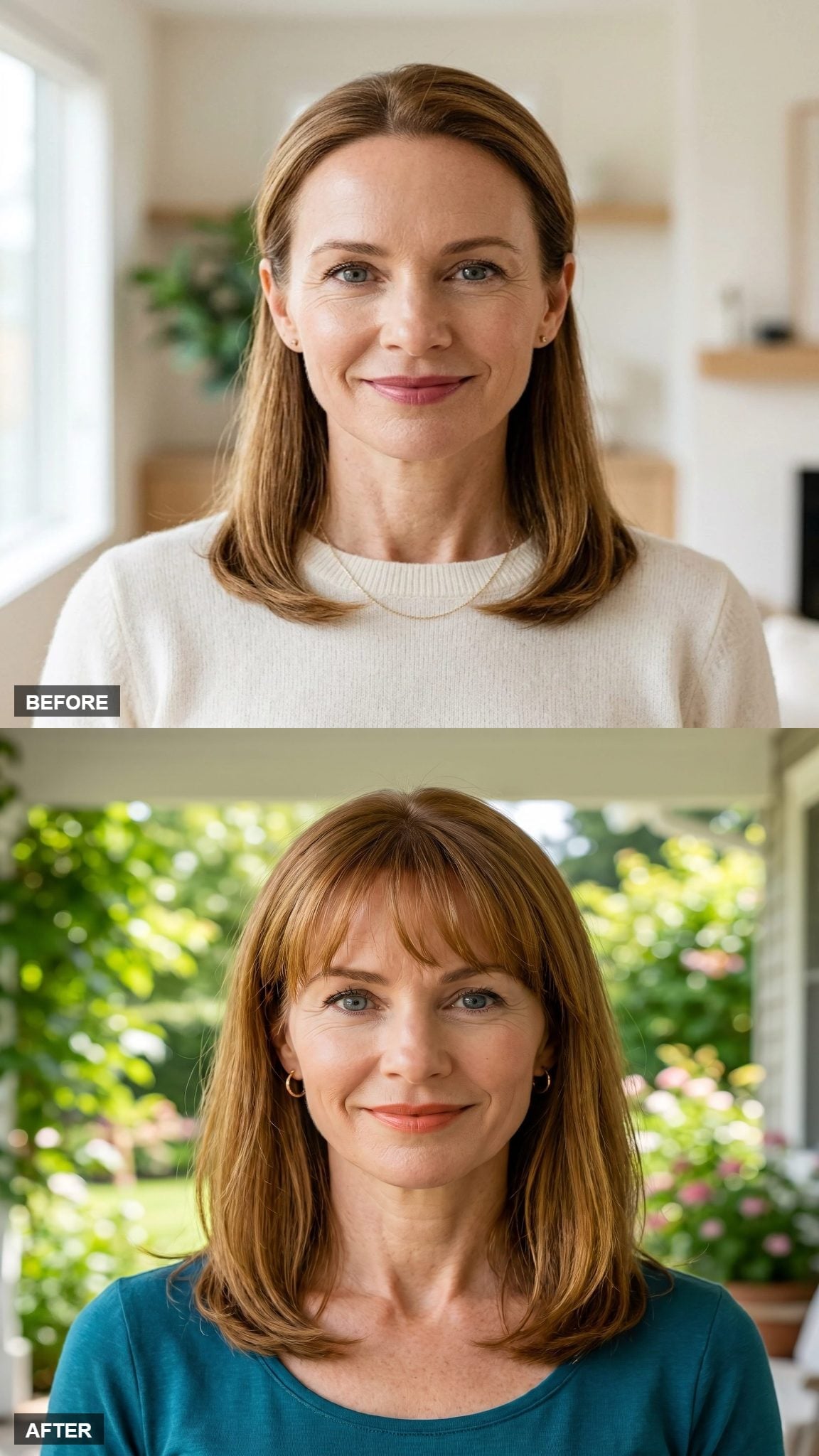 Before-and-after copper bob transformation featuring dense blunt fringe