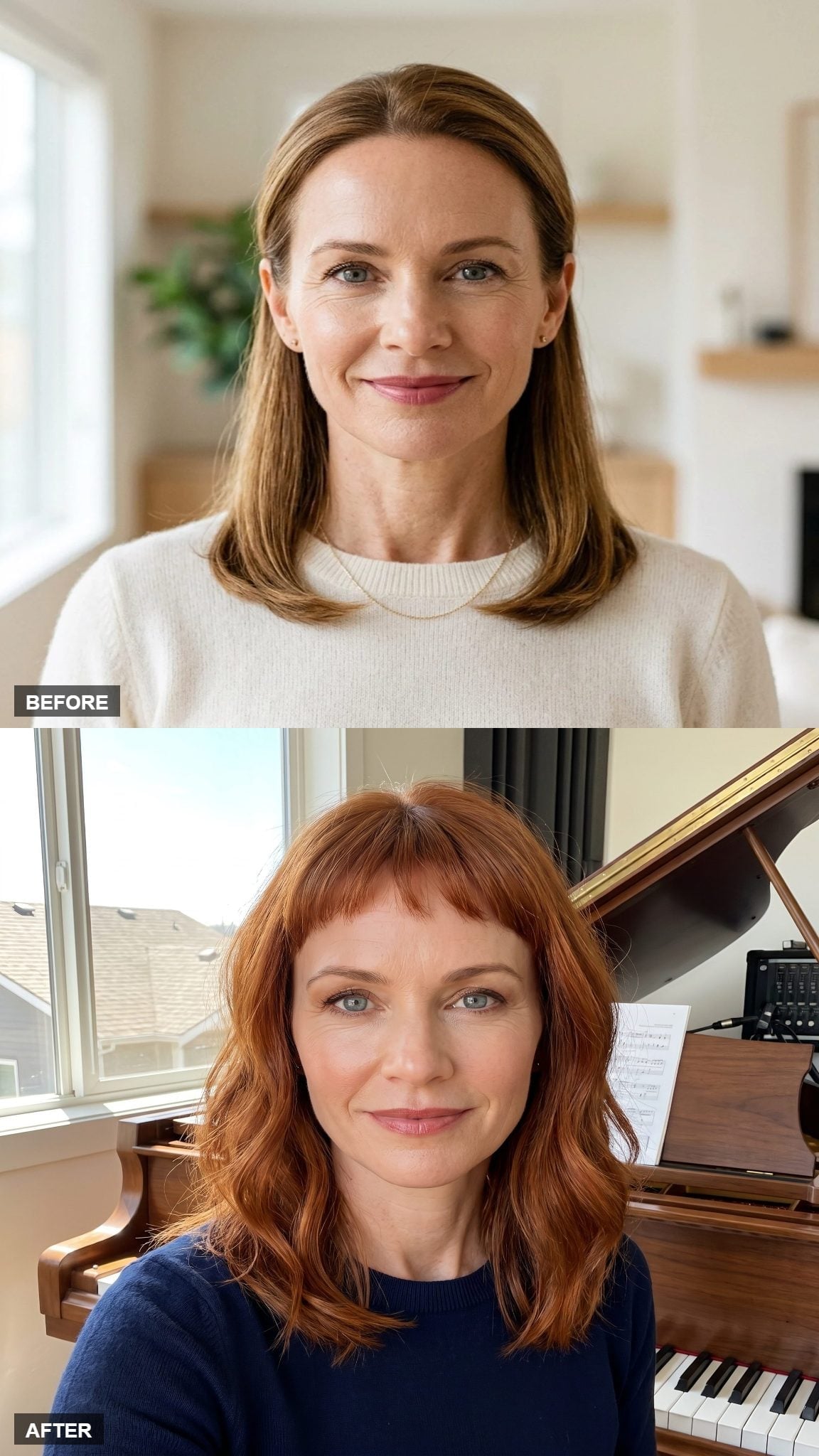 Before-and-after transformation from smooth brunette hair to copper waves with short bangs